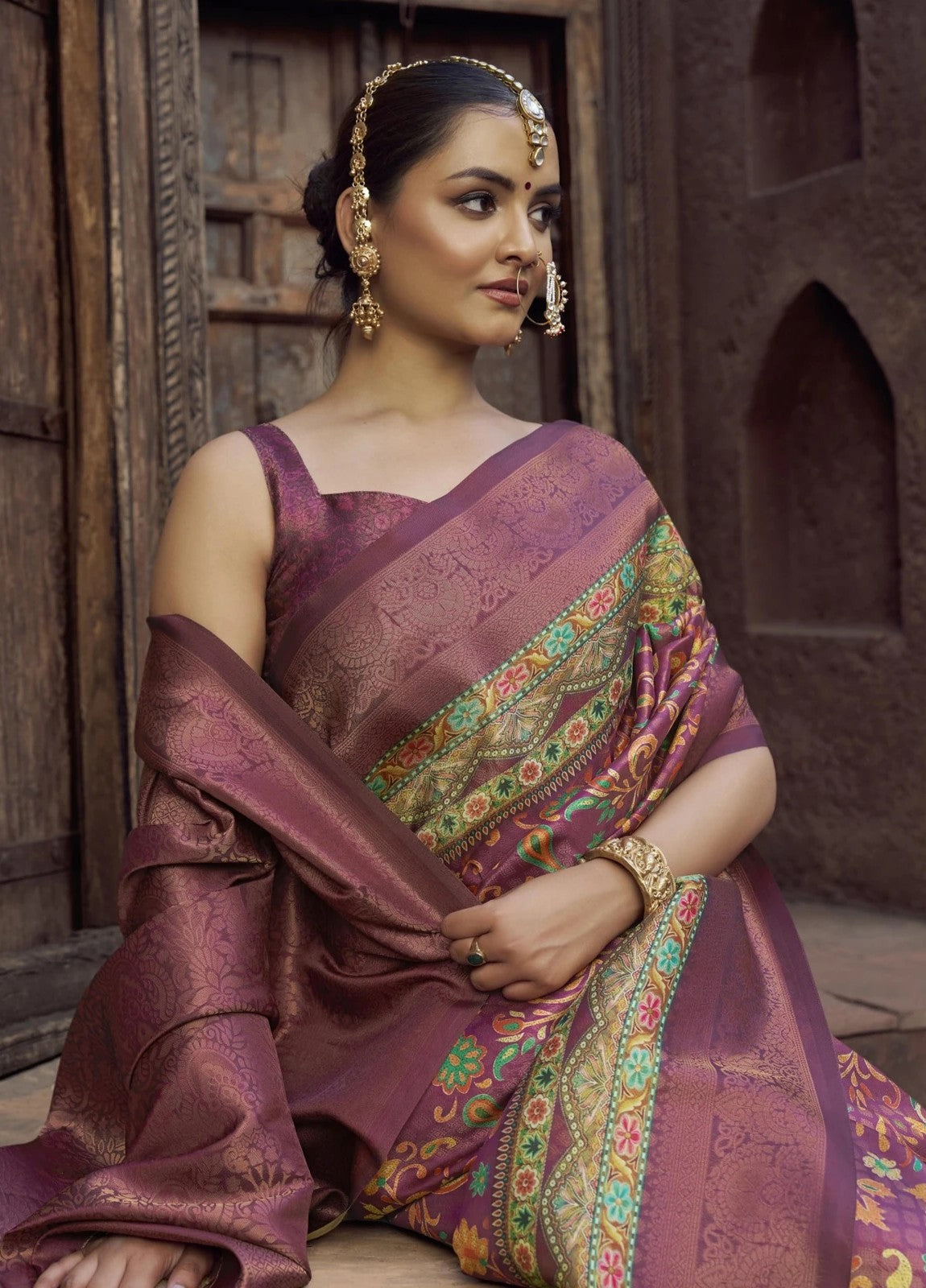 Tarani purple silk saree with rich zari border and traditional upper body view