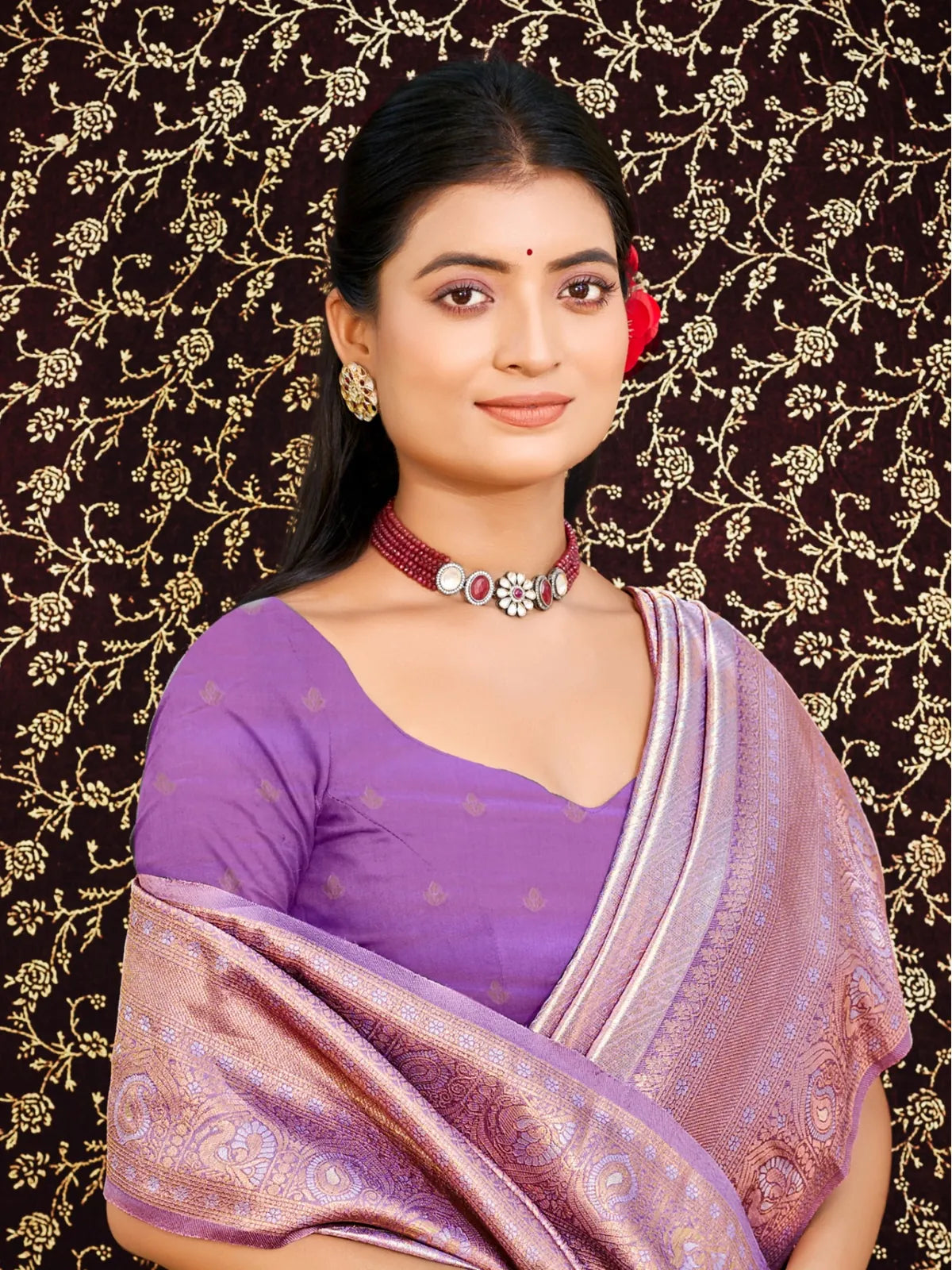 Tarani purple kanjivaram silk saree upper body view showing blouse and drape