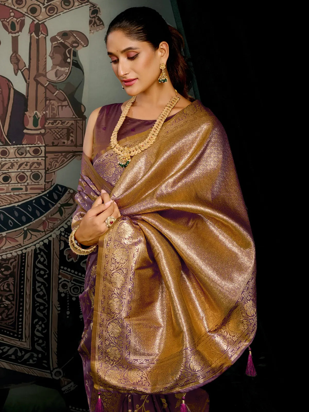 Tarani purple silk saree upper body view showing intricate zari details