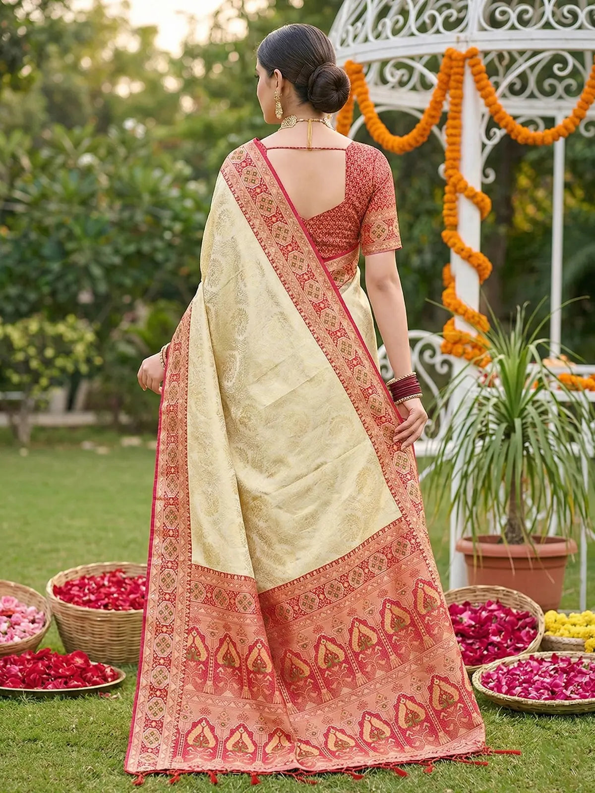 Tarani Dhanashri premium soft silk saree back view with elegant woven pallu and red border