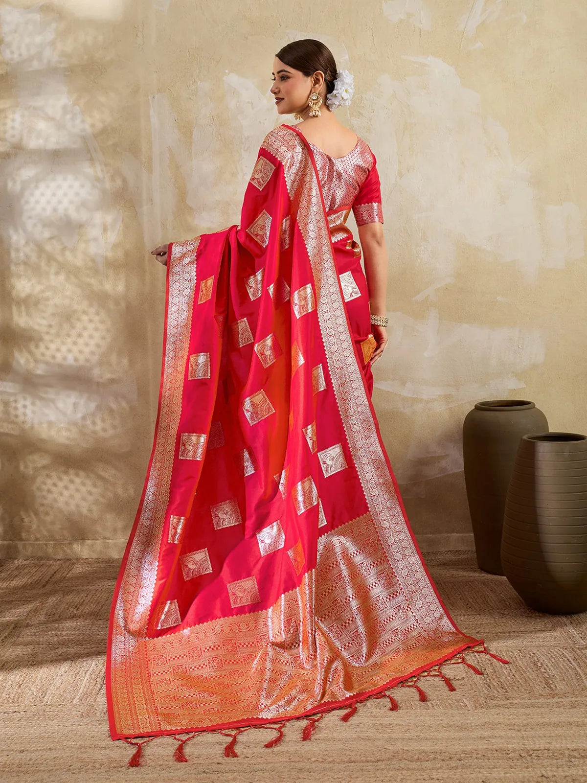 Tarani red silk blend zari work saree elegant back view with rich pallu