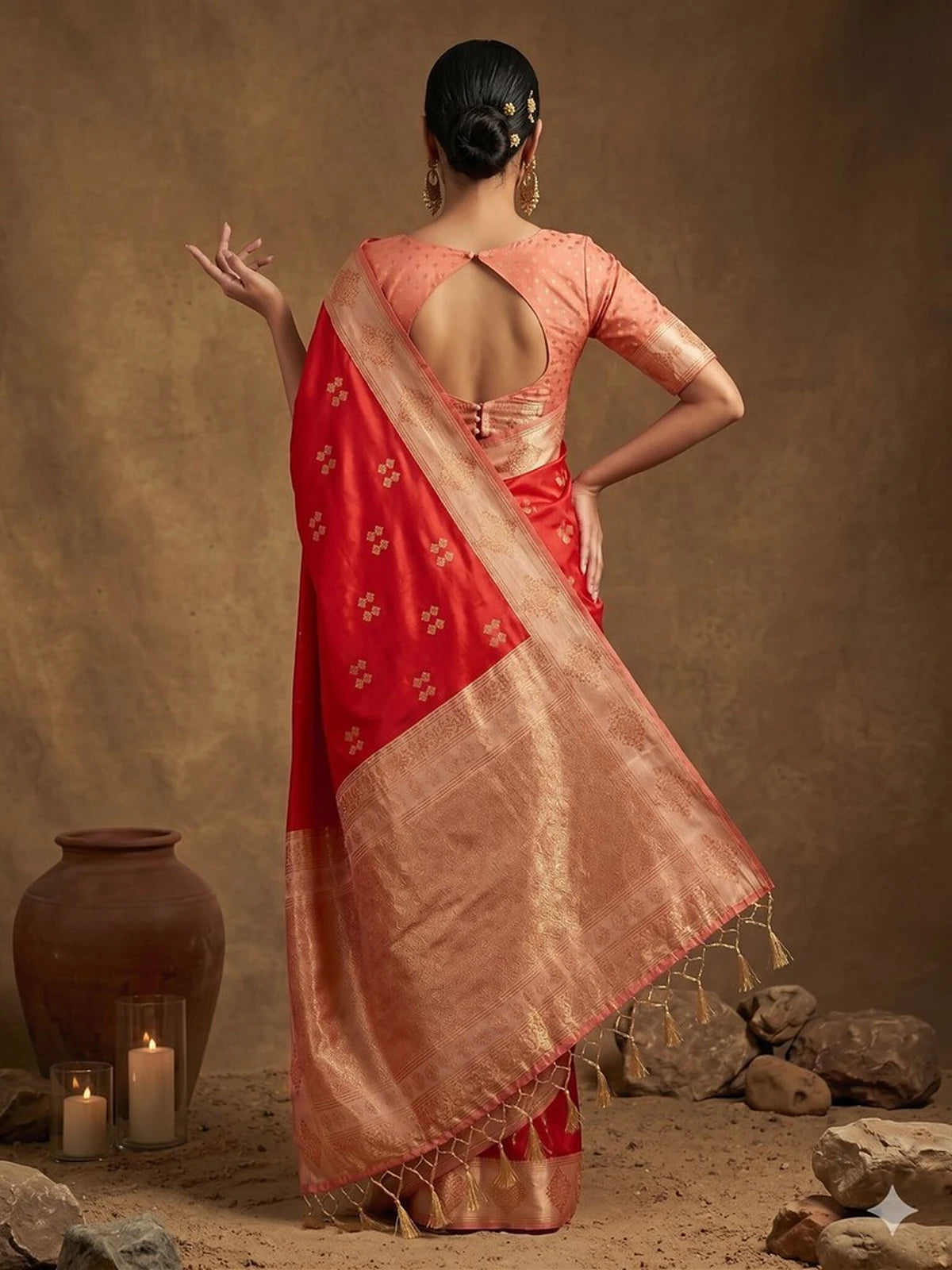 Tarani red silk blend blouse back design with zari work paired with soft silk saree