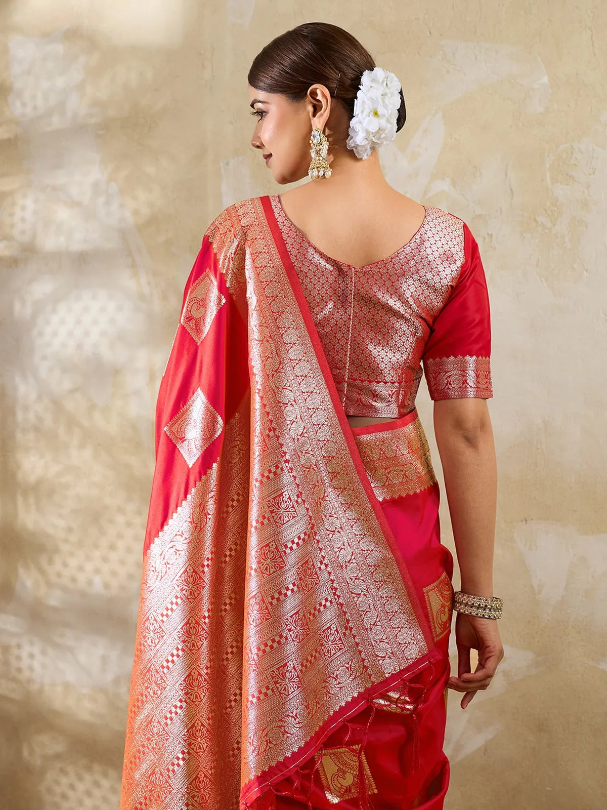 Tarani red silk blend zari work saree blouse back design closeup view