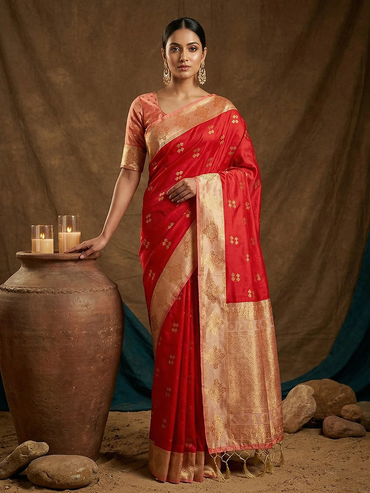 Tarani red soft silk saree with zari border and jacquard weaving front view for festive wear