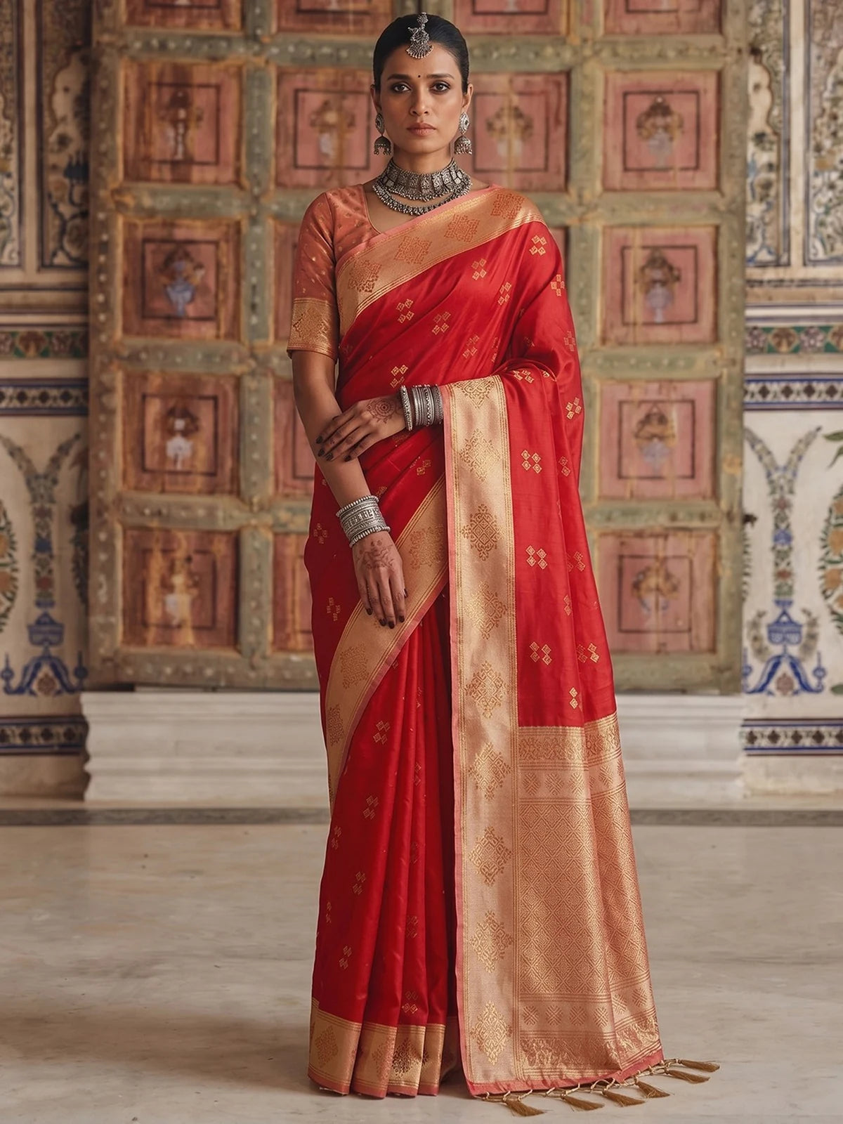 Tarani premium soft silk red saree with contrast woven border full view