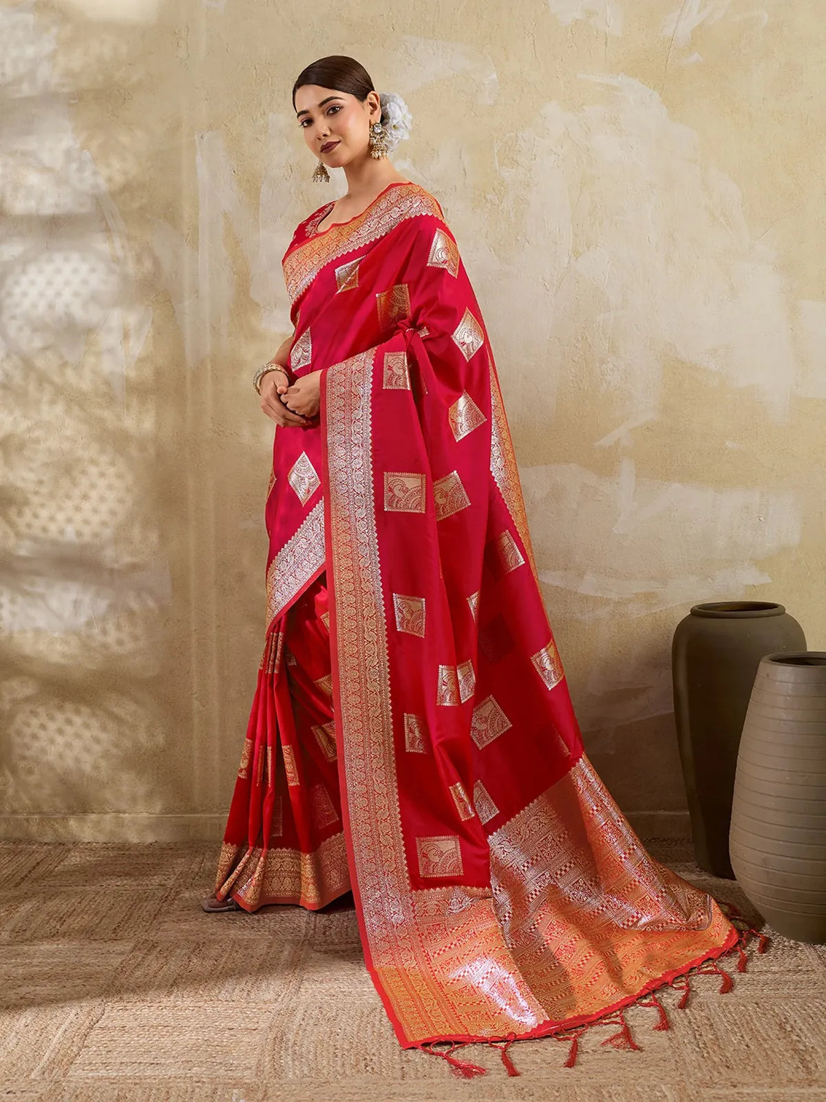 Tarani red silk blend zari work saree full view for festive and party wear