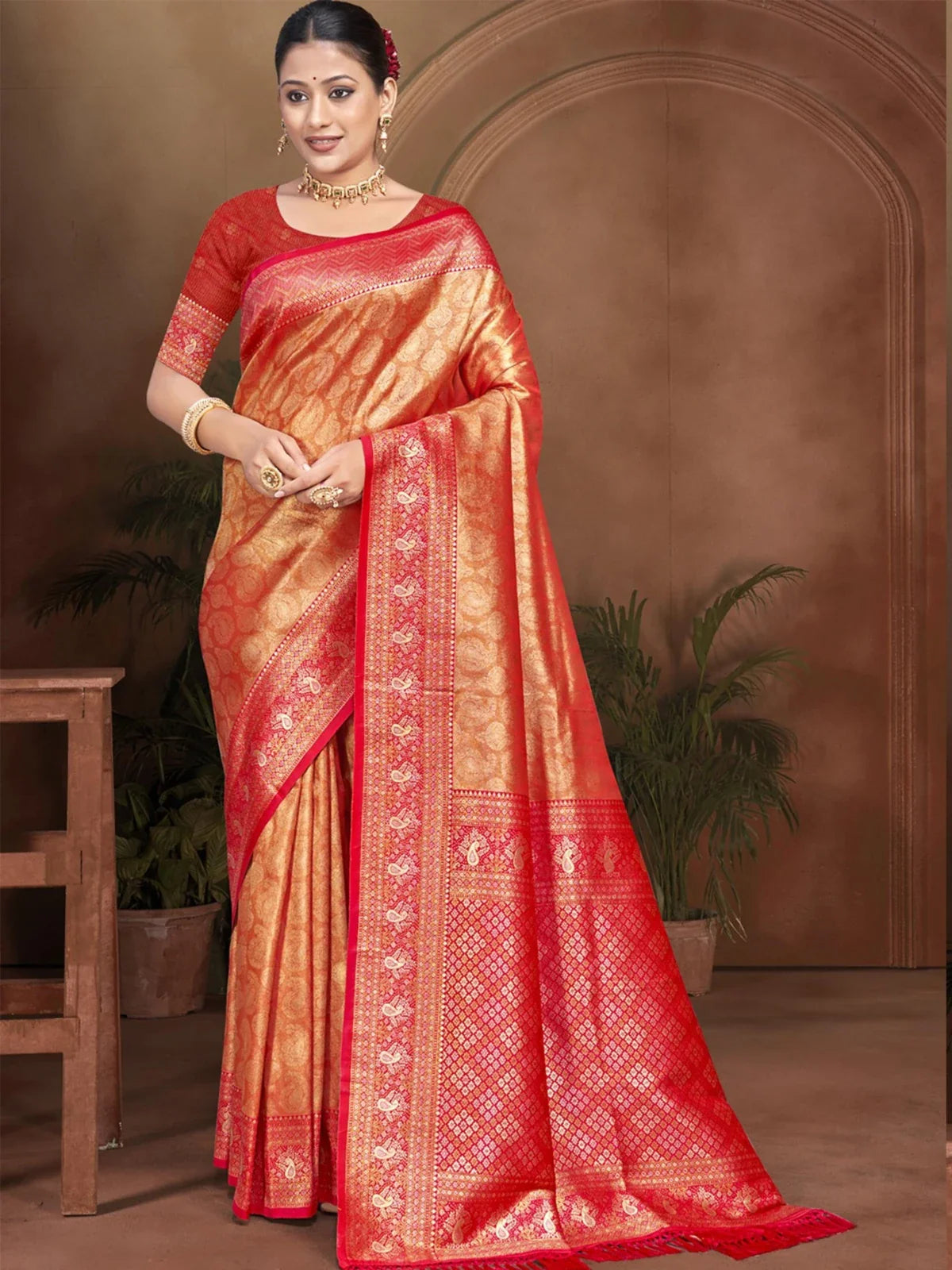 Tarani premium red Kanjivaram silk saree with golden zari border and blouse for festive occasions