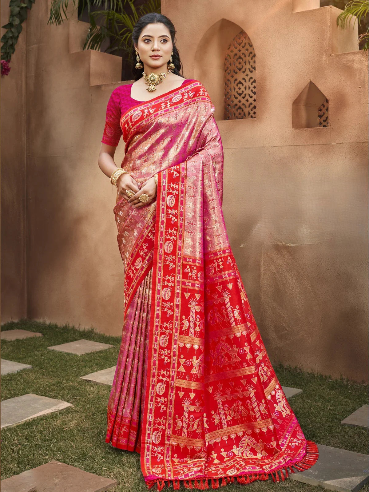 Tarani red kanjivaram silk saree full view with golden zari work and festive look
