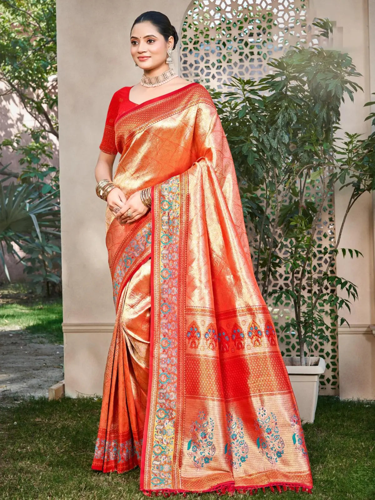 Tarani premium red Kanjivaram silk saree full view for festive occasions