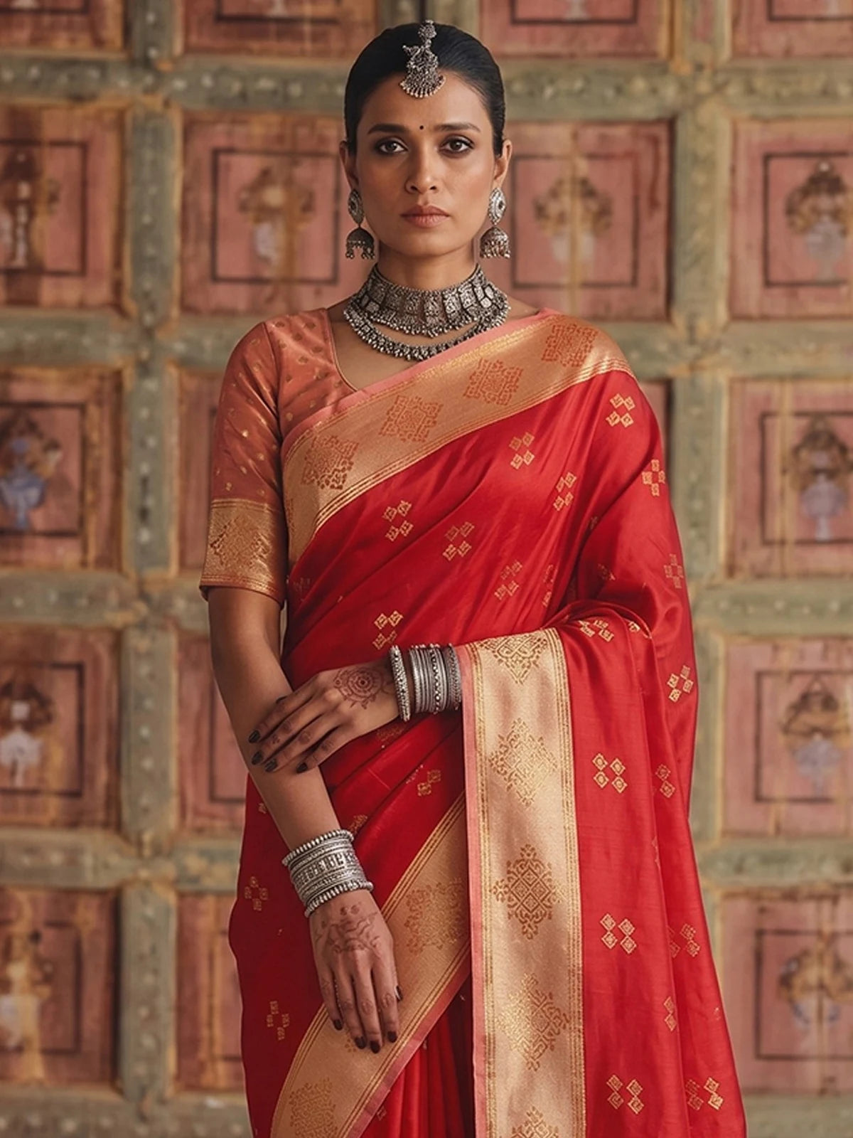 Tarani premium soft silk red saree with contrast woven border upper body view