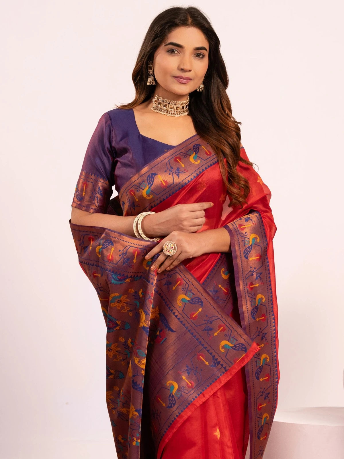 Tarani red Soft Tissue Silk Paithani saree upper body view showing woven border and blouse