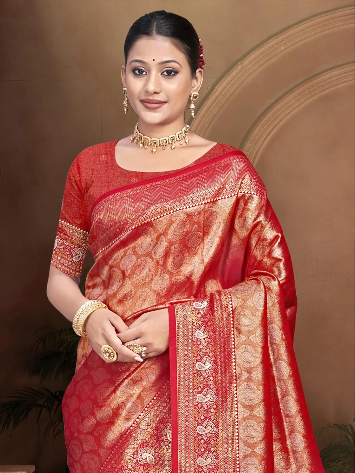 Tarani red kanjivaram silk saree upper body view showing elegant design and zari work