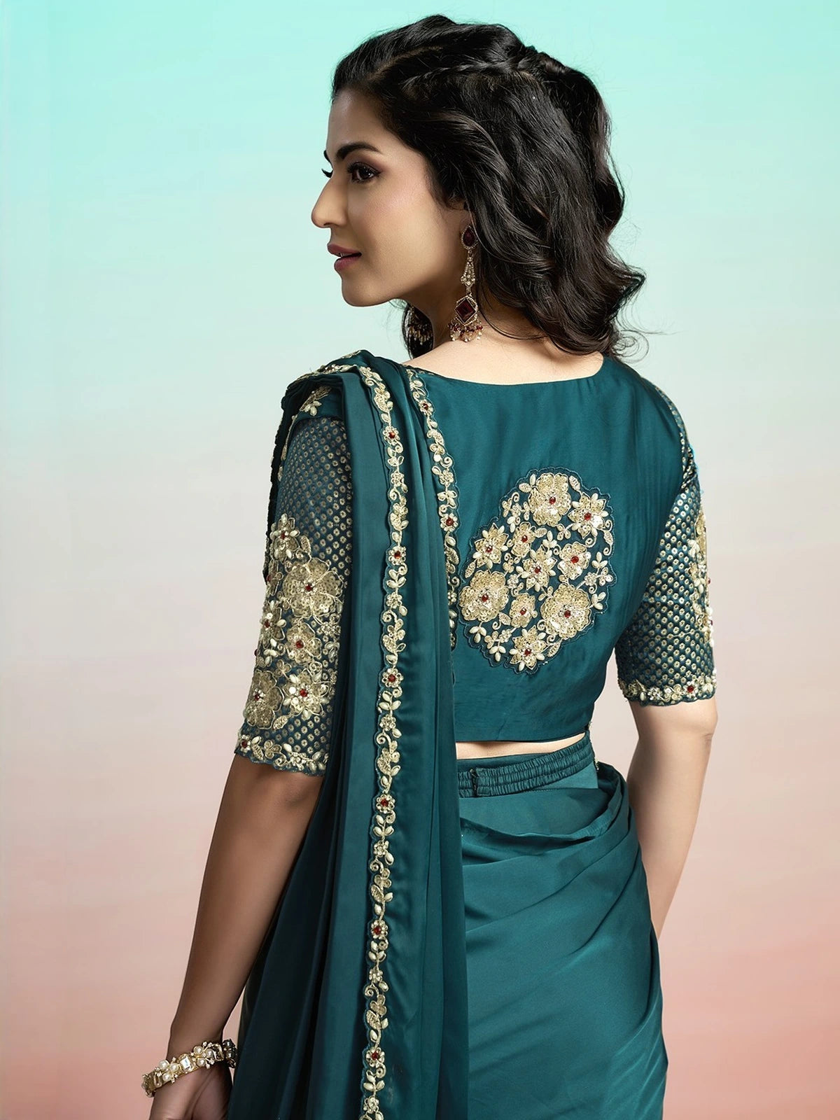 Tarani Shreeya teal ready to wear saree blouse view with brocade silk floral sequin pearl stone embroidery