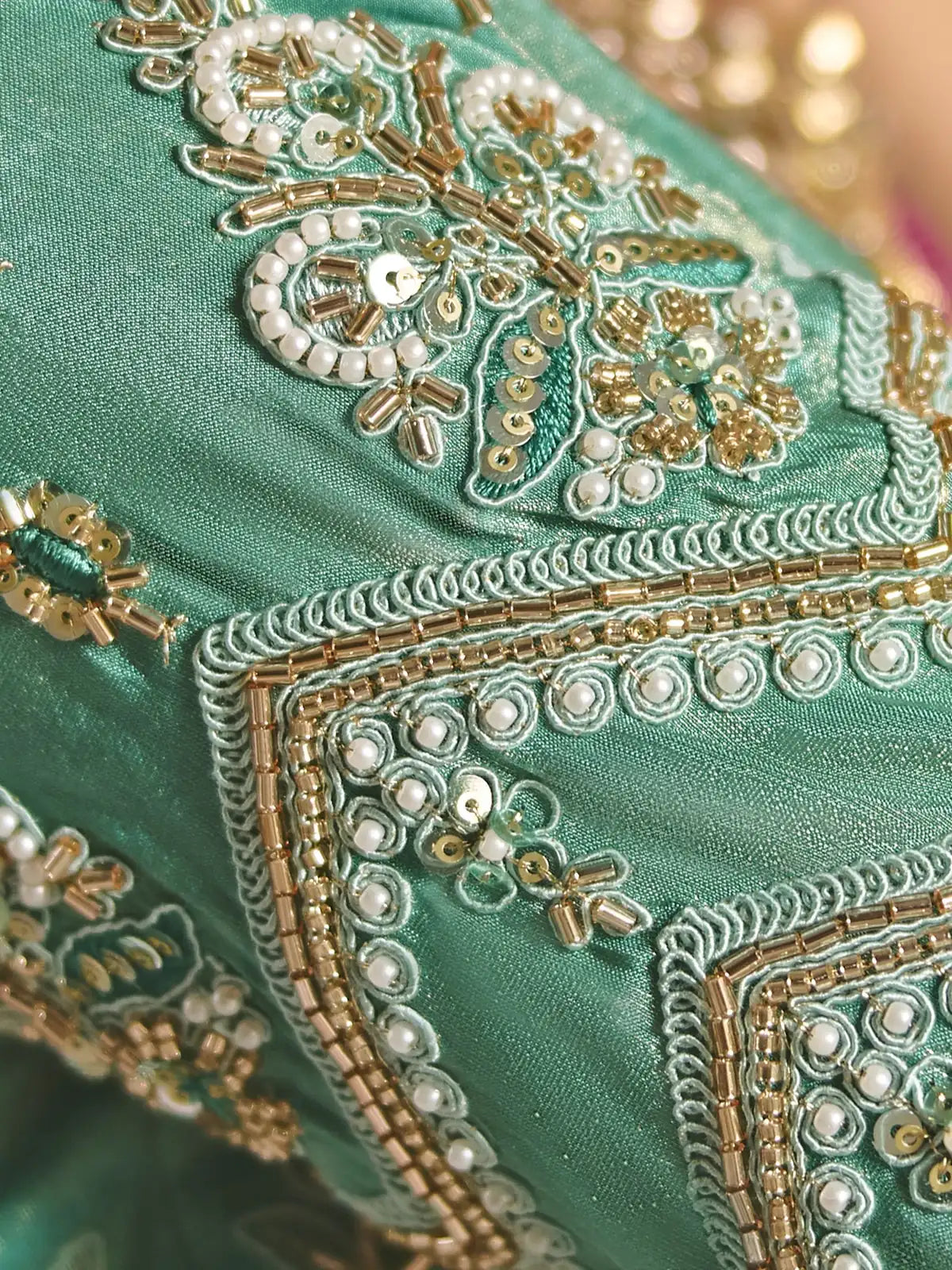 Tarani Adhira teal saree embroidery closeup with zari bead and border detailing