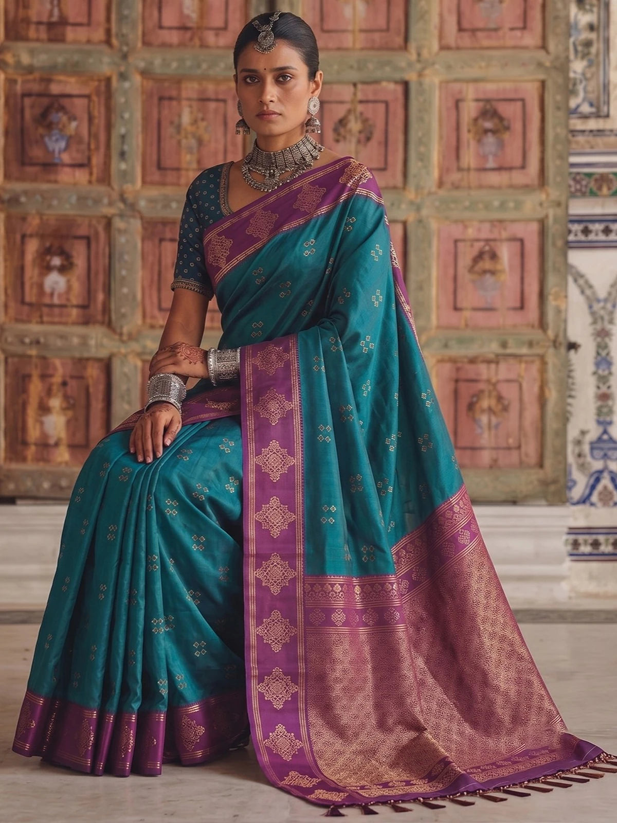 Tarani premium soft silk teal saree with purple woven border front view Smruti