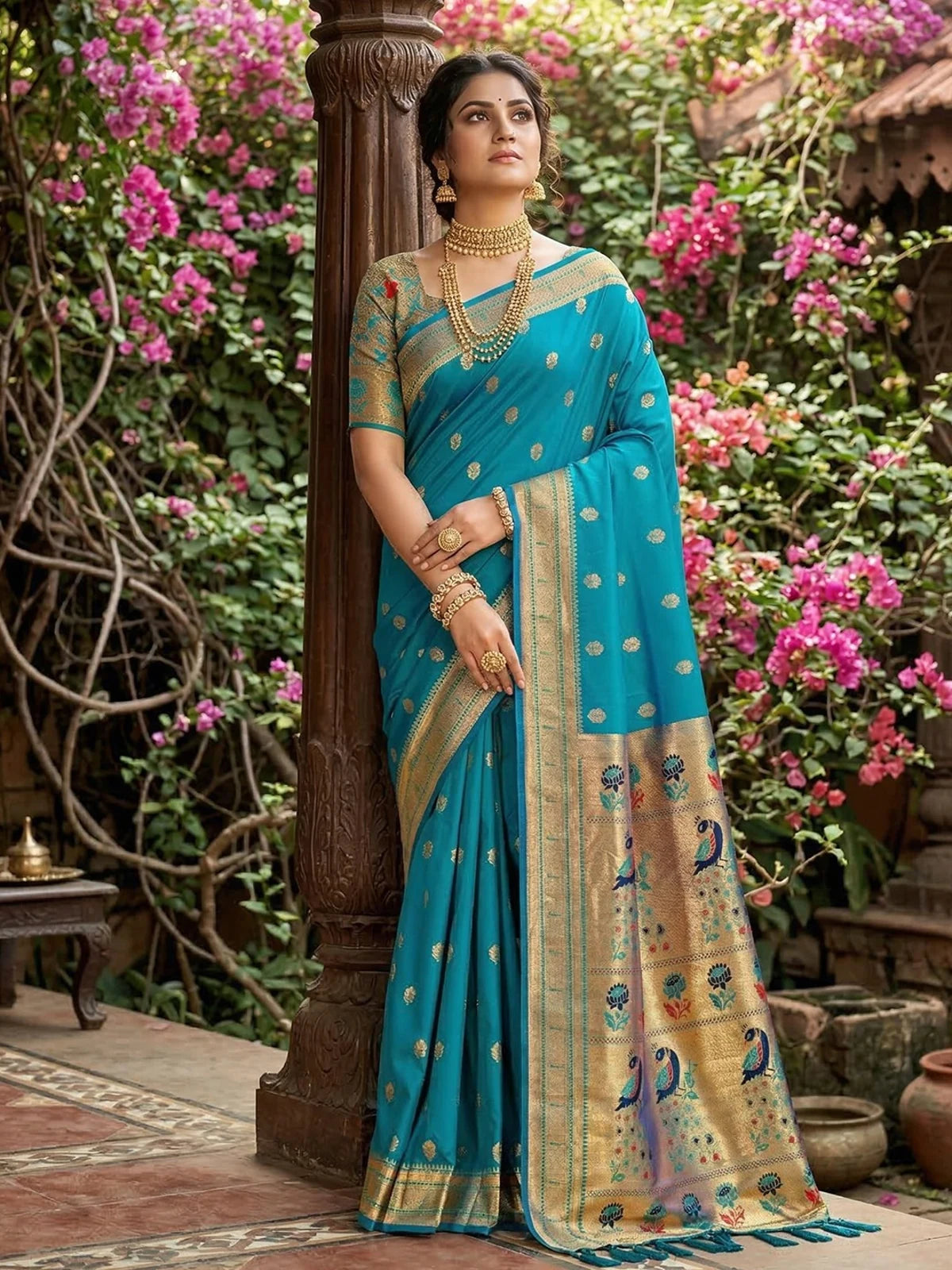 Tarani Swarada teal soft silk saree with zari border and artistic pallu full view