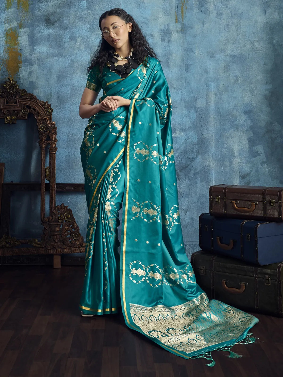 Tarani Dayita teal pure satin handloom weaving silk saree full view with brocade blouse and zari woven border