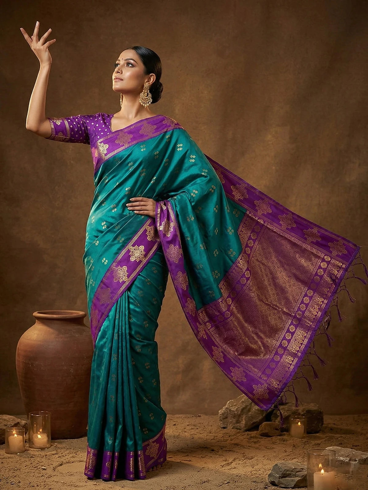 Tarani teal soft silk saree with rich zari pallu and contrast purple border full drape view