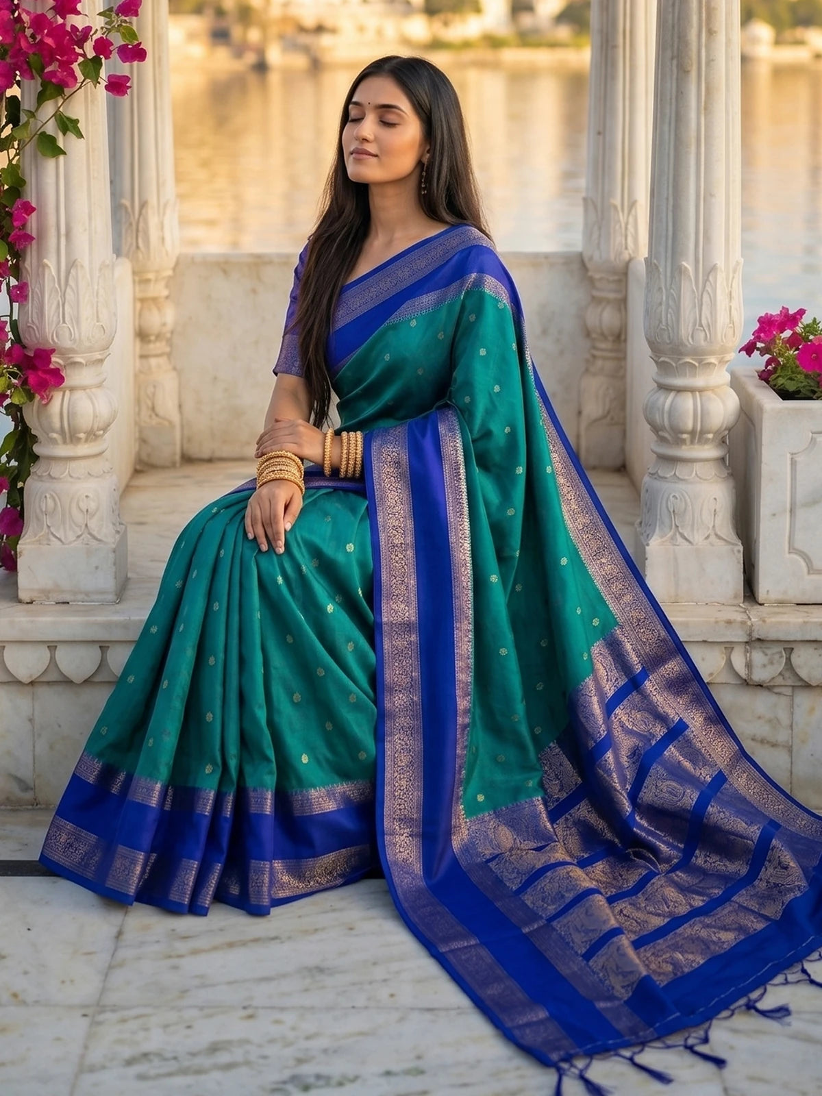 Tarani teal soft silk saree with rich zari pallu and contrast blue border detailed pallu view