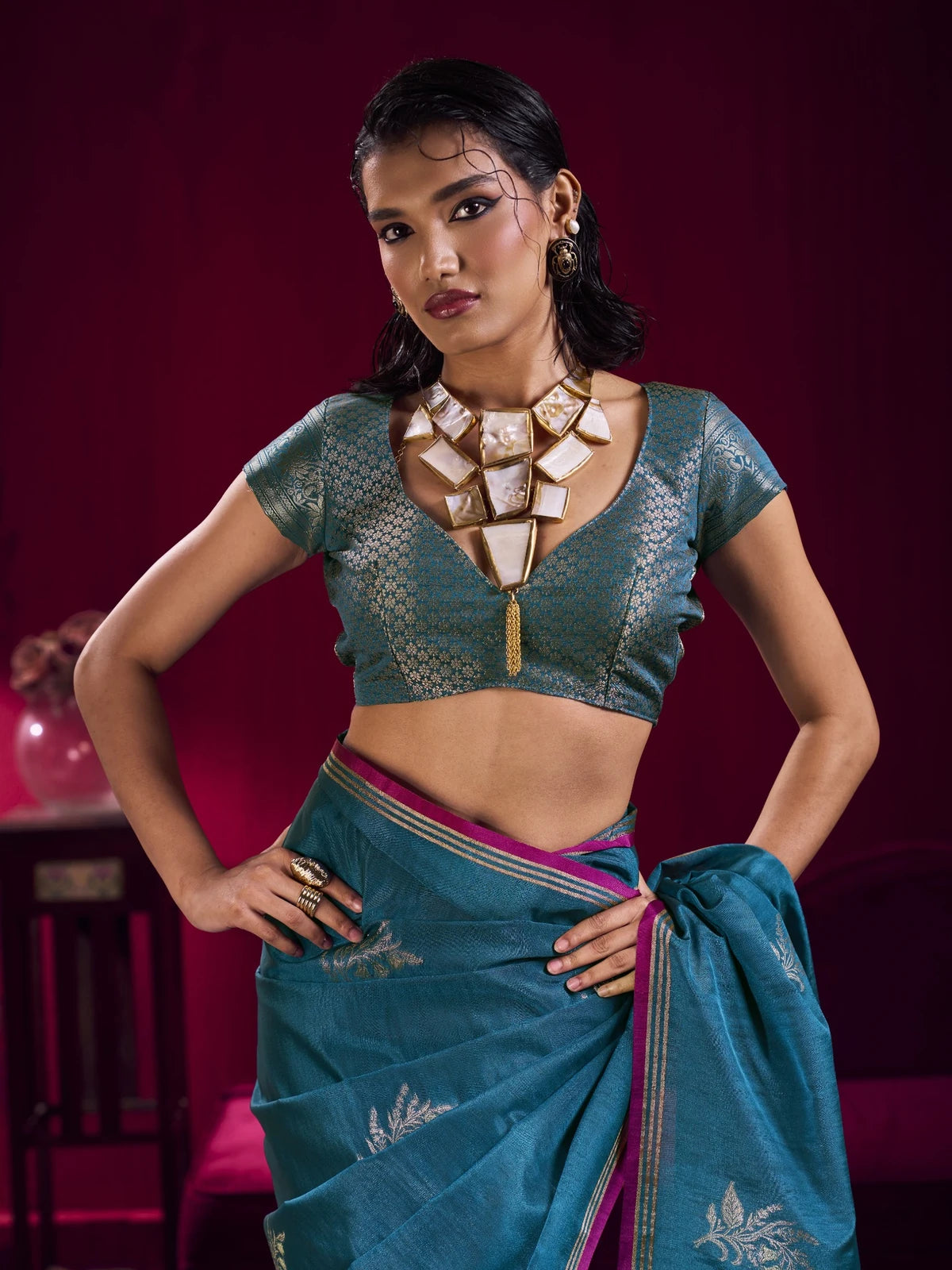 Tarani teal satin linen handloom silk saree upper body view with woven blouse design