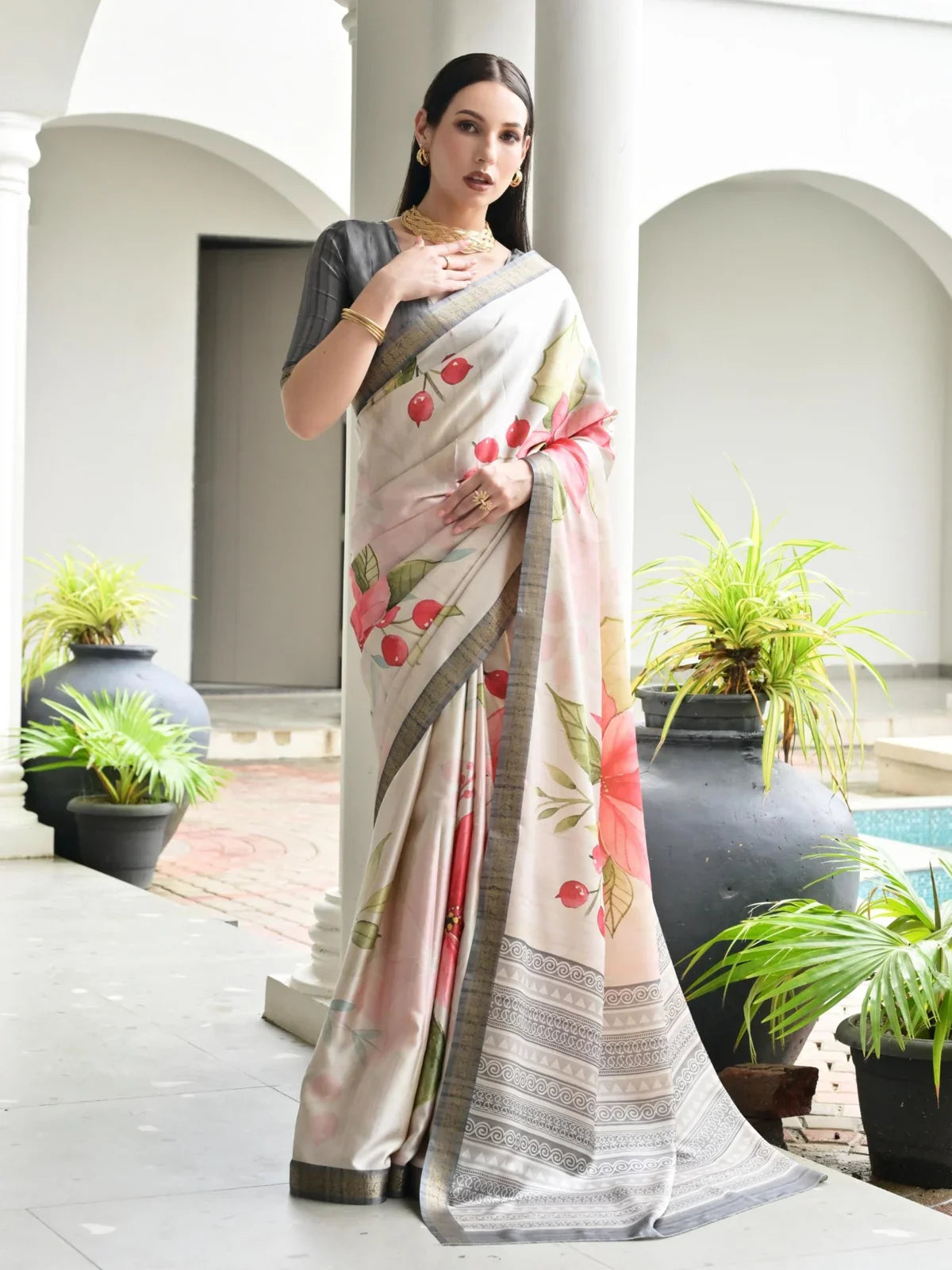 Tarani premium white satin silk saree with floral hand-painted design full view