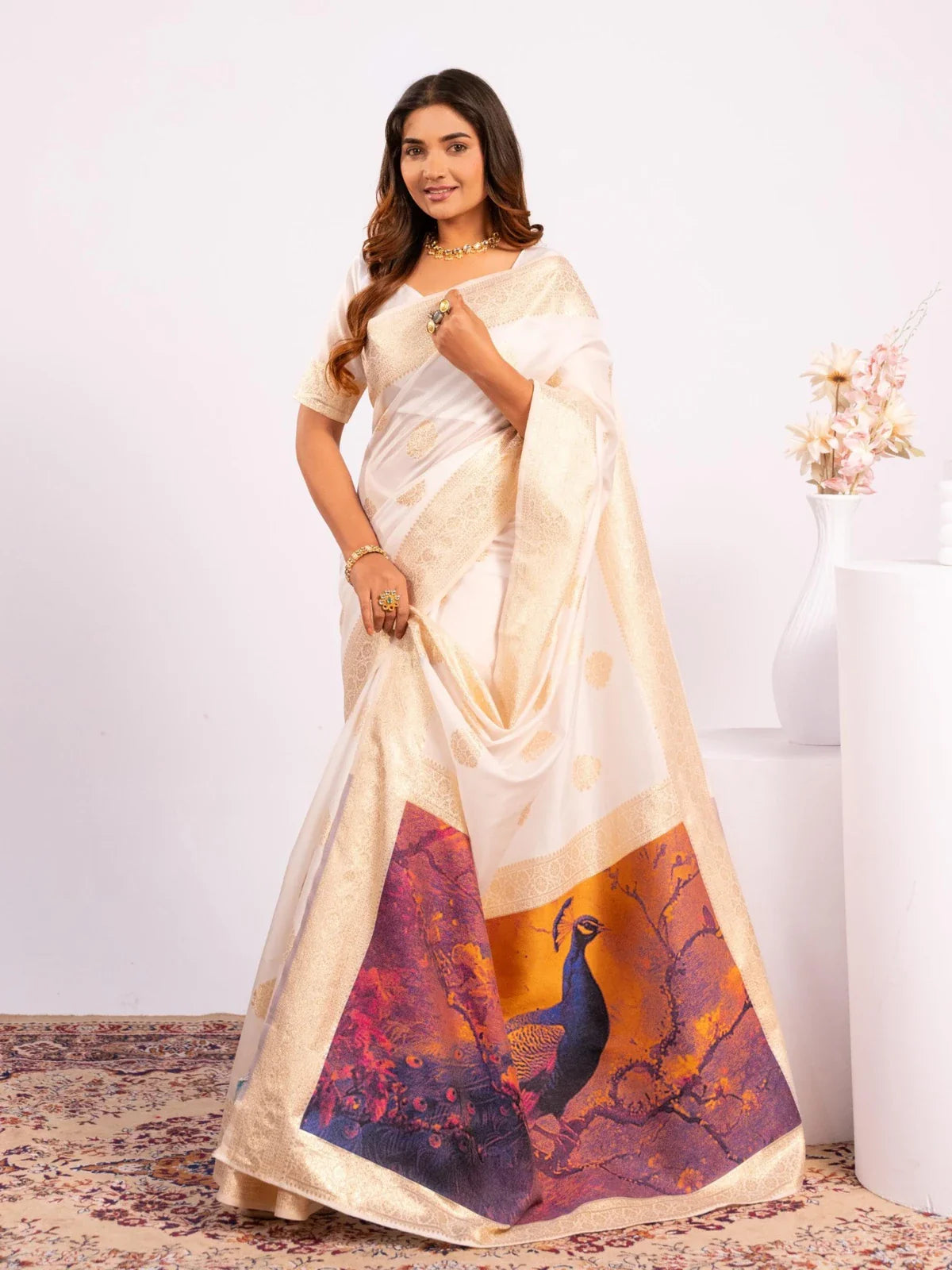 Tarani premium white banarasi silk saree with golden zari and peacock pallu design for festive occasions