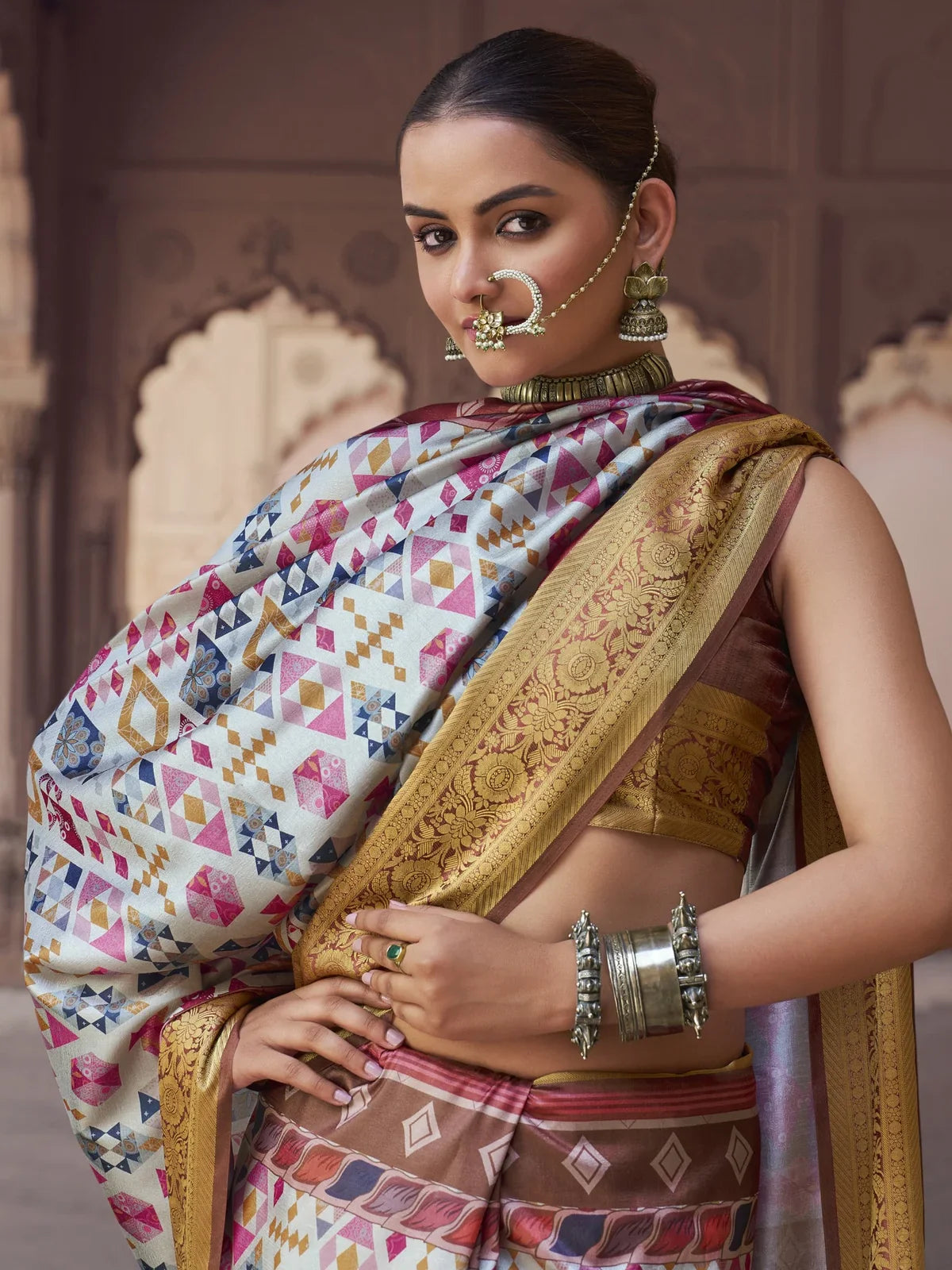 Tarani white silk saree upper body view with geometric motifs and blouse style