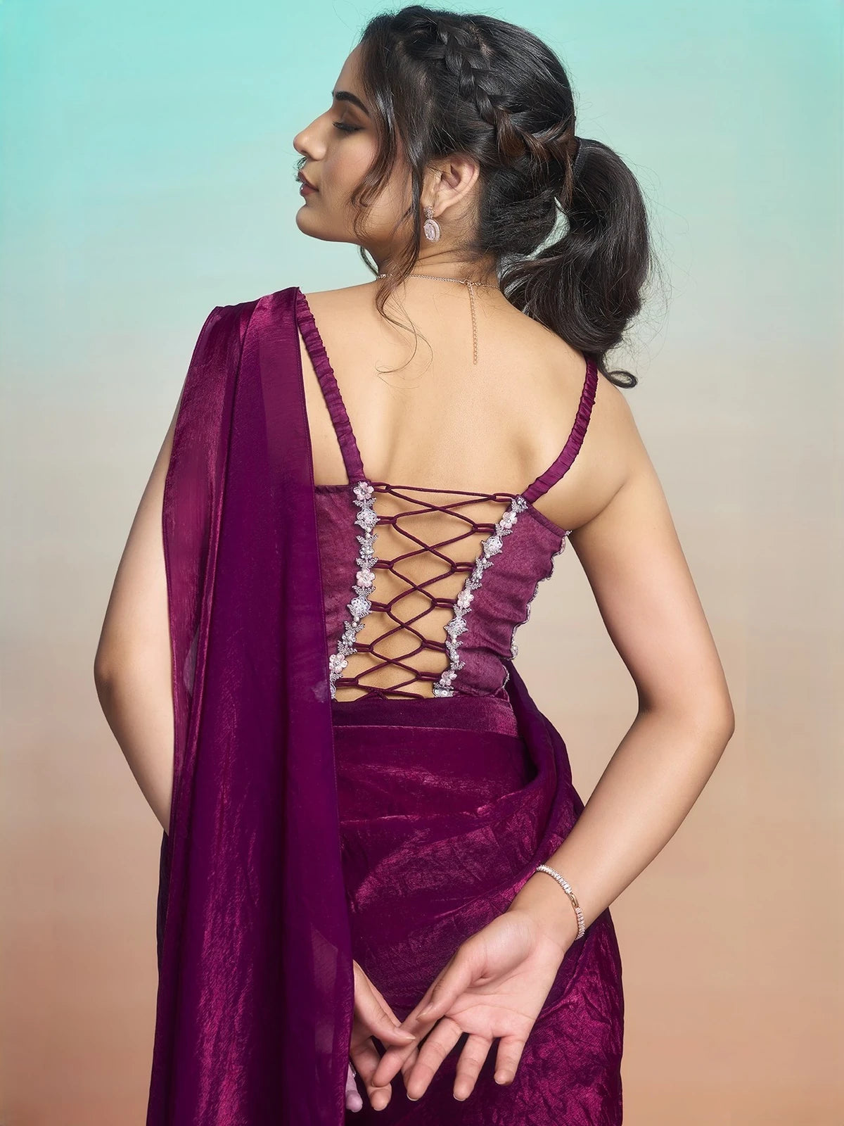 Tarani wine ready to wear satin silk saree back-view