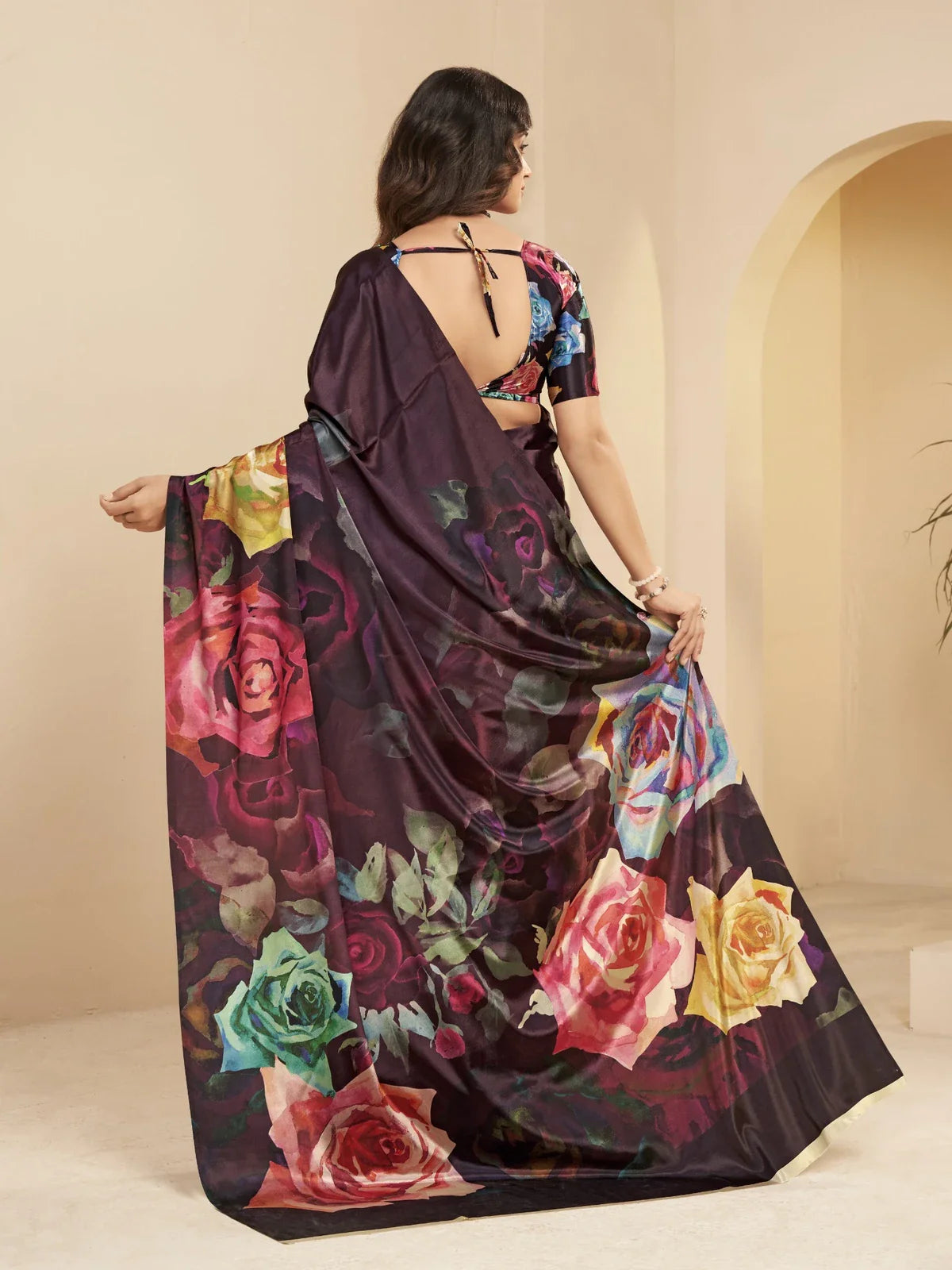 Tarani wine digital floral print saree with floral blouse back full drape view