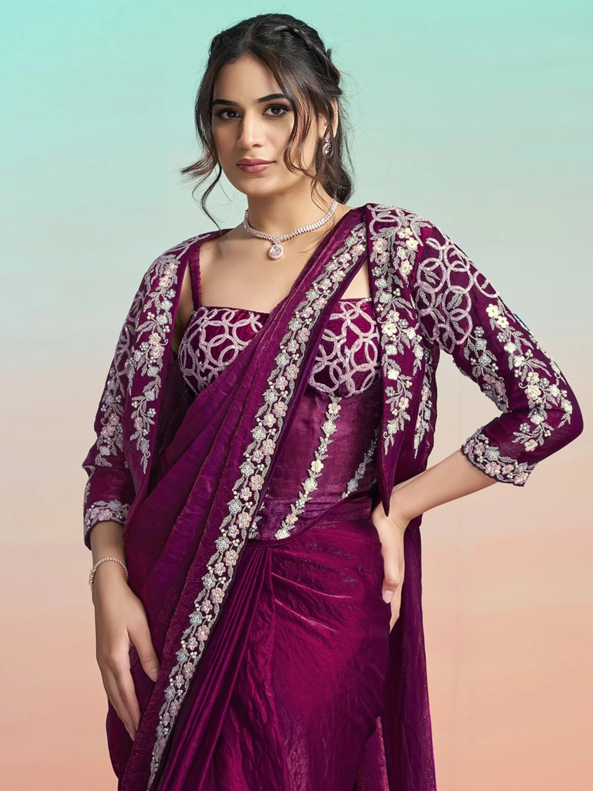Tarani wine ready to wear satin silk saree upper-body-view