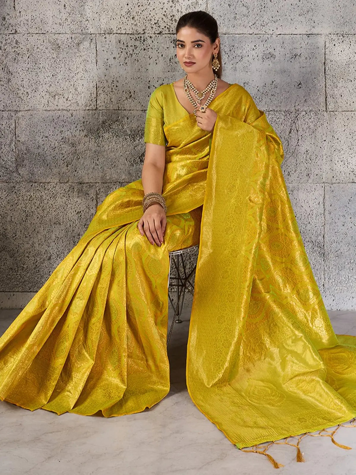 Tarani Rajvika yellow Kanjivaram silk blend saree graceful seated full view with gold zari weaving