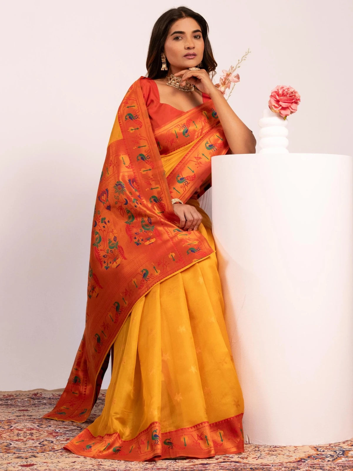 Tarani yellow soft tissue silk saree front view with Paithani border
