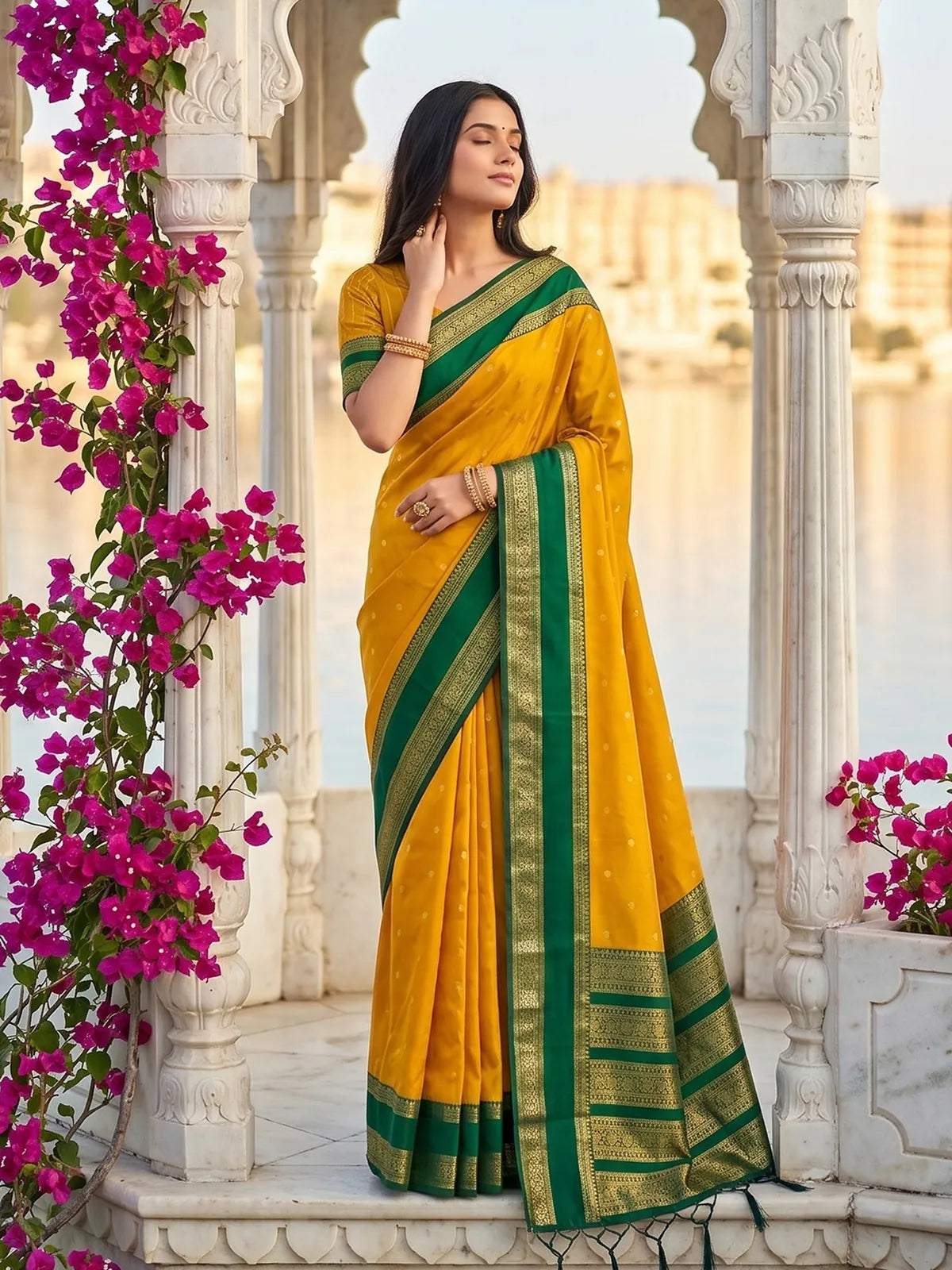 Tarani yellow soft silk saree with green zari border full front view for festive and party wear