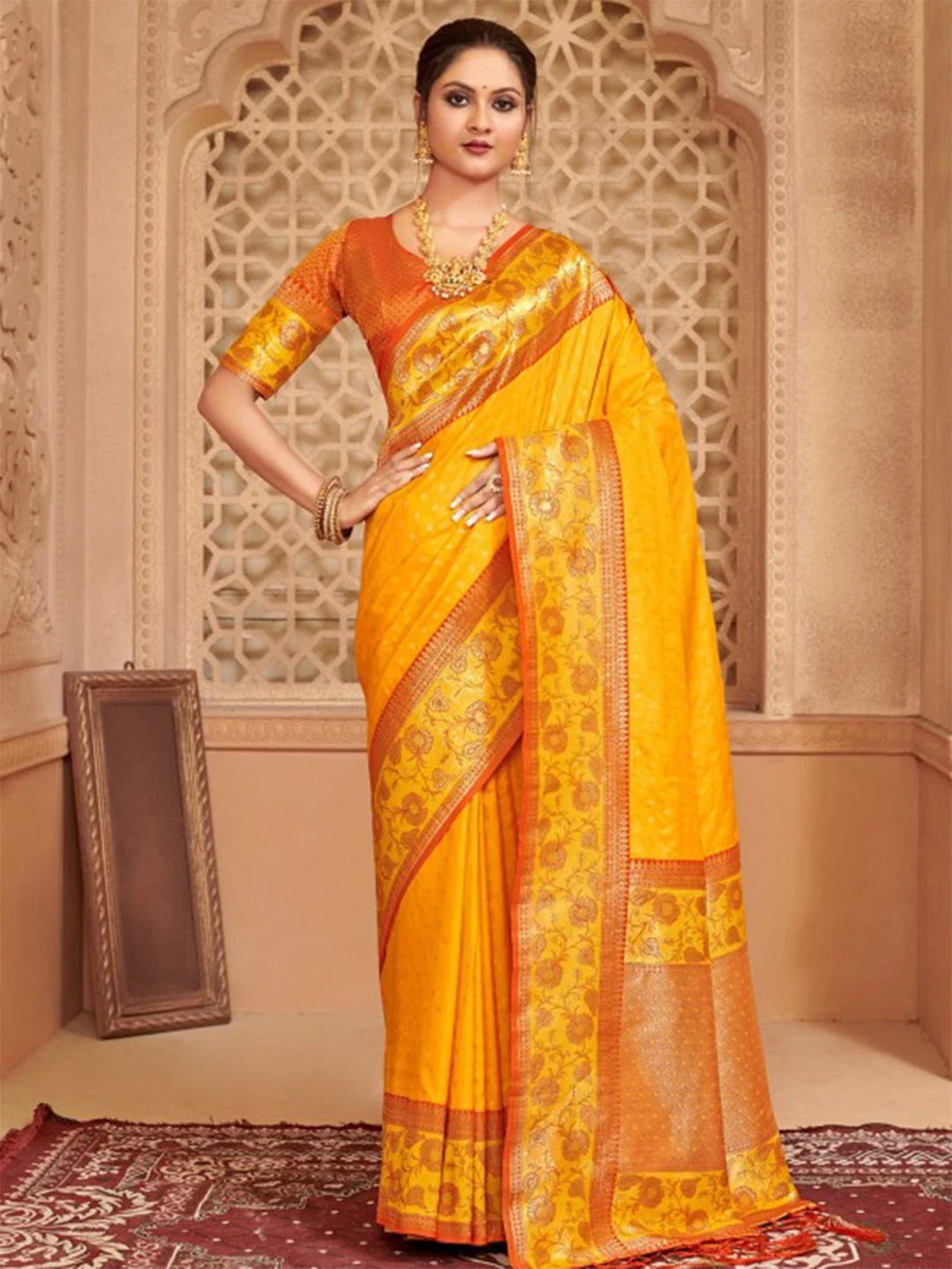 Tarani yellow silk blend saree full view with contrast border for festive wear