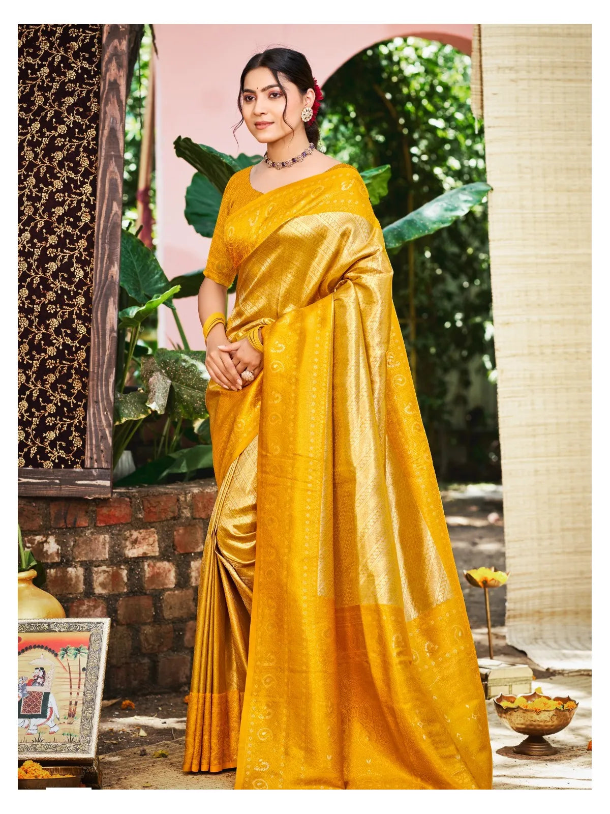 Tarani yellow Kanjivaram silk saree full view with weaving work for festive and party wear