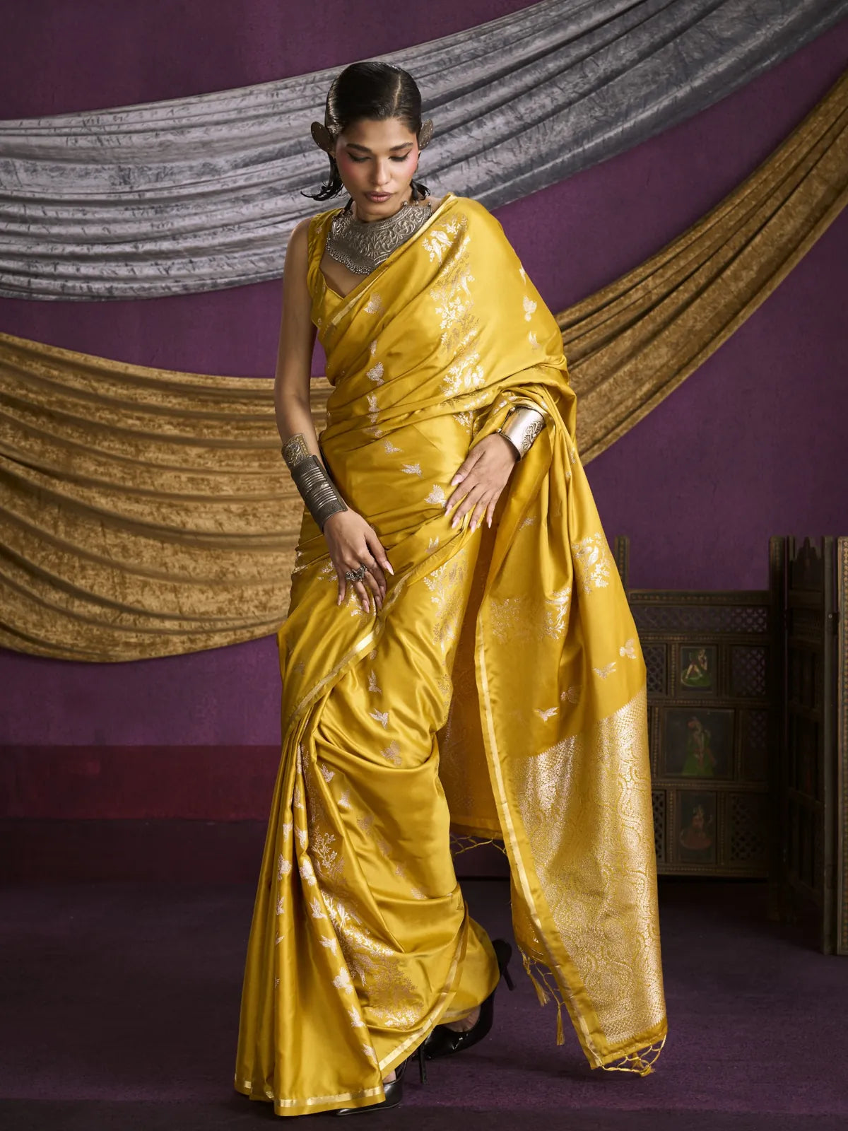 Tarani yellow handloom silk saree with full-body weave and zari detailing front view