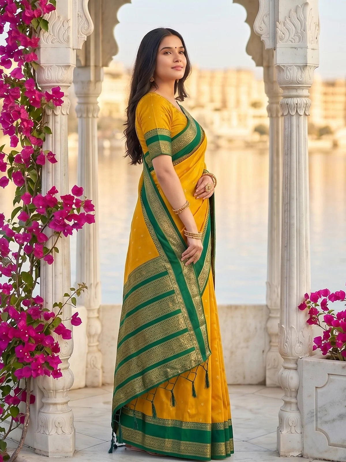 Tarani yellow soft silk saree side view with woven zari pallu and traditional festive styling