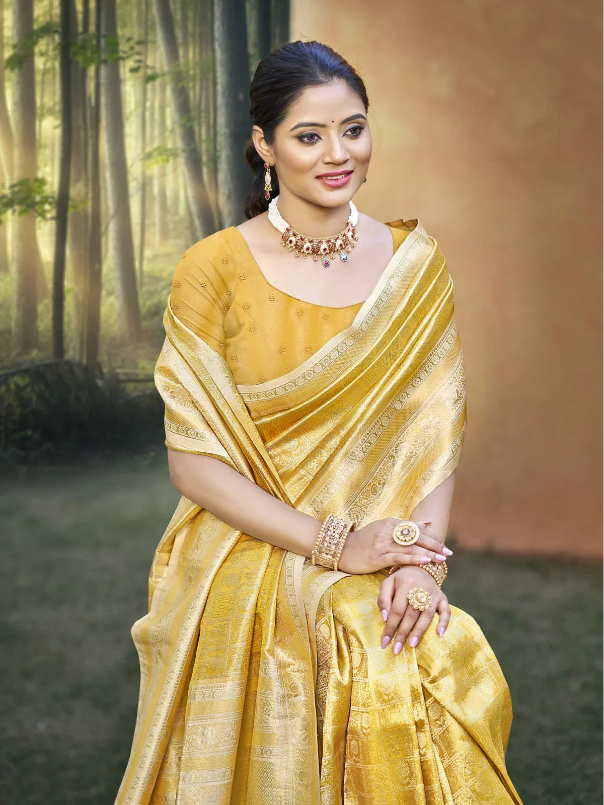 Tarani yellow kanjivaram silk saree upper body view with jewelry and zari border
