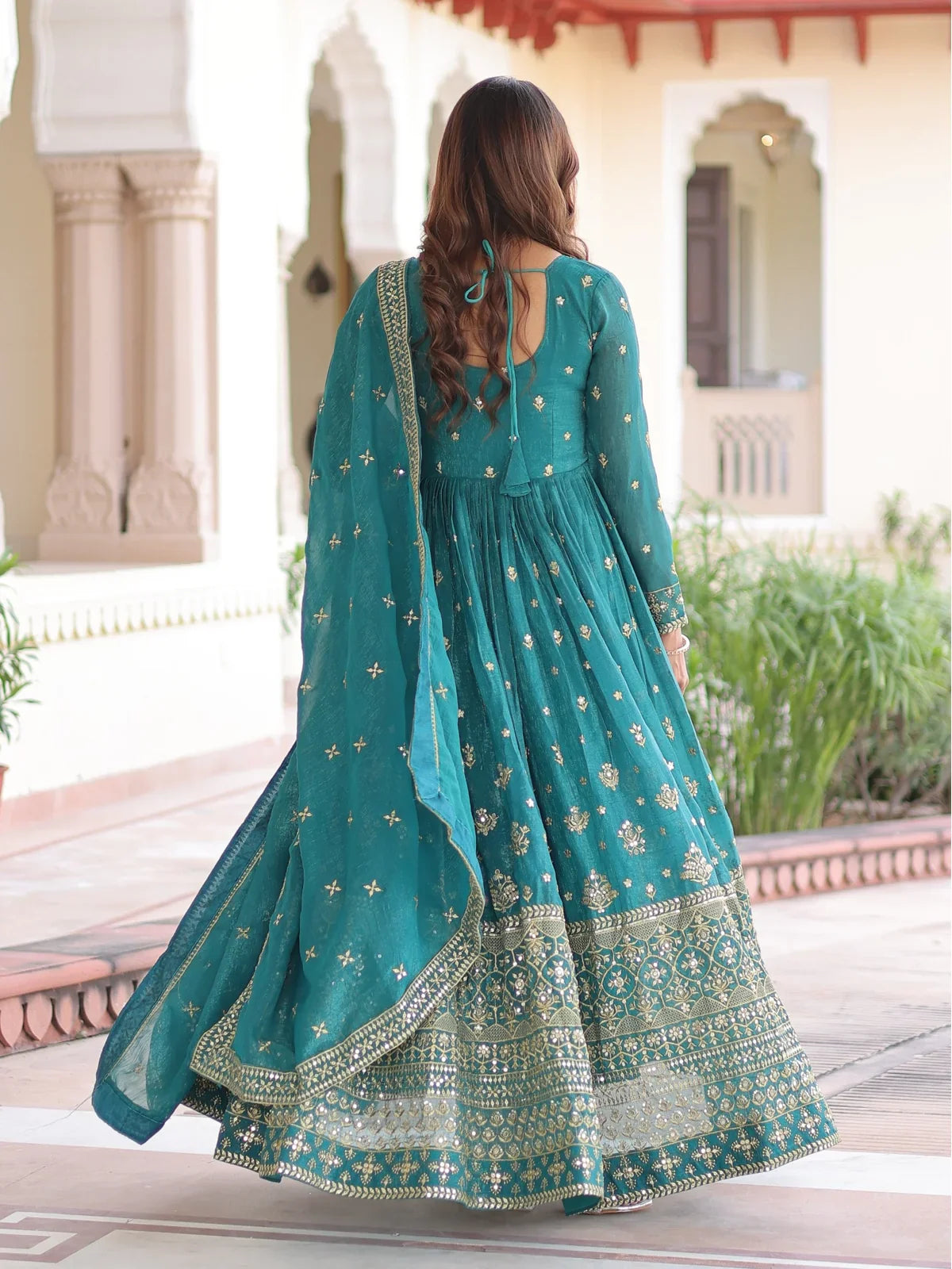 Tarani green silk gown back view with dupatta and detailed embroidery