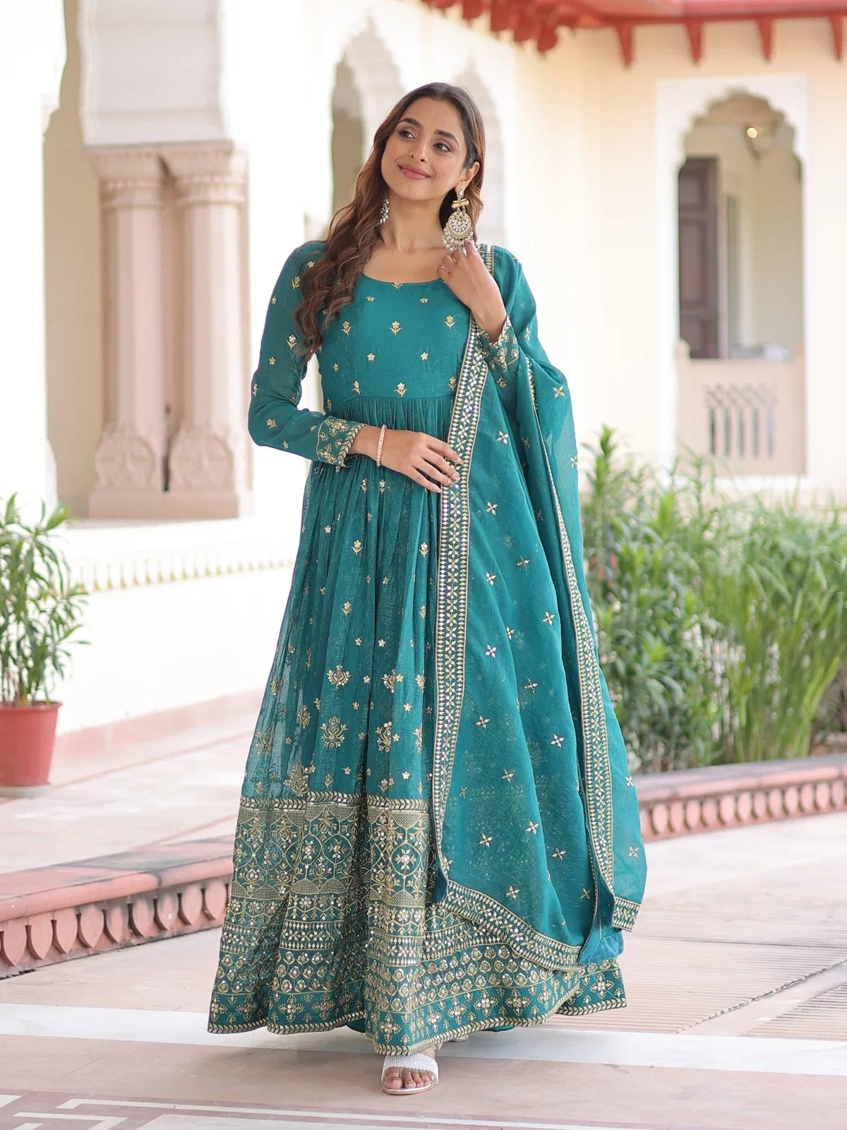 Tarani emerald green silk gown with sequins embroidery and dupatta full view