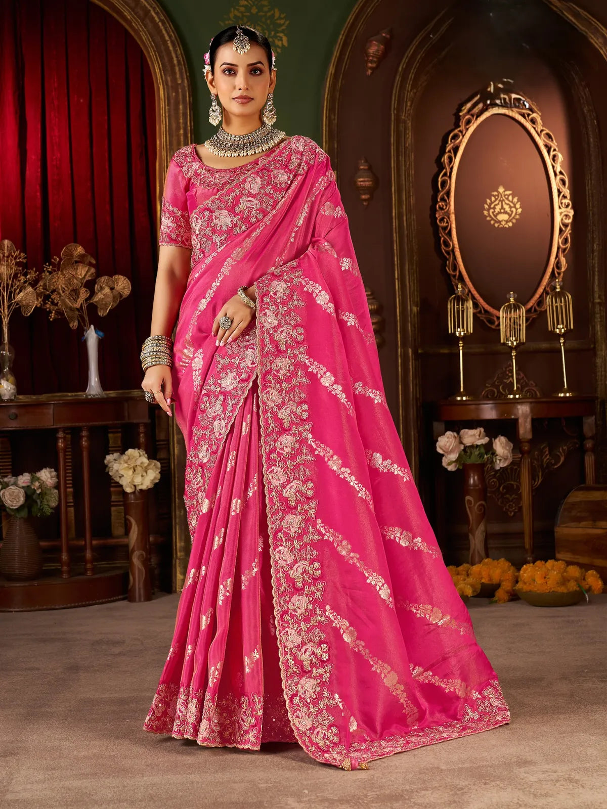Tarani pink soft fancy saree with zari embroidery and heavy border full view for wedding and party wear