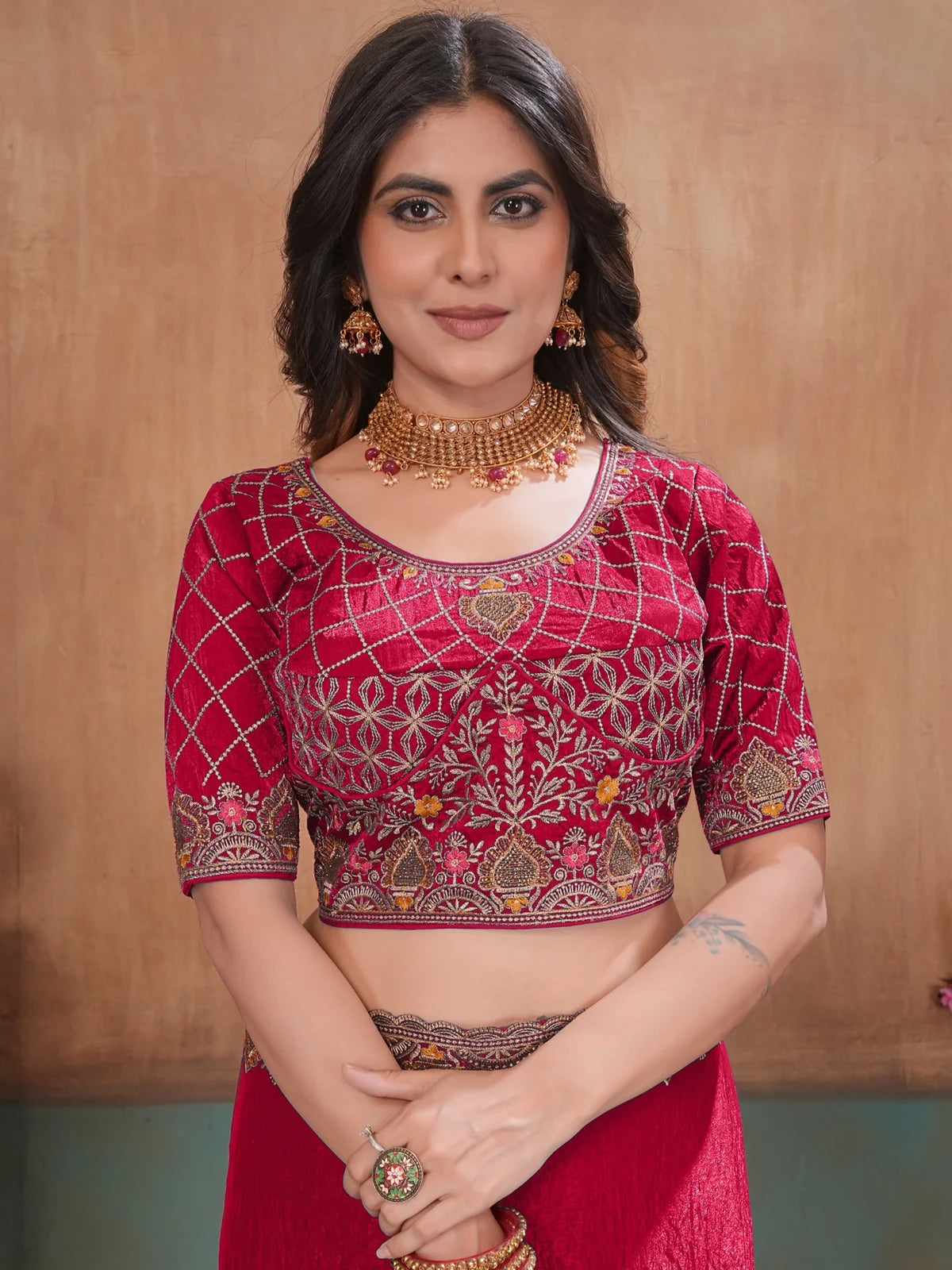 Tarani magenta soft Fandy satin saree with embroidery bits work upper body view