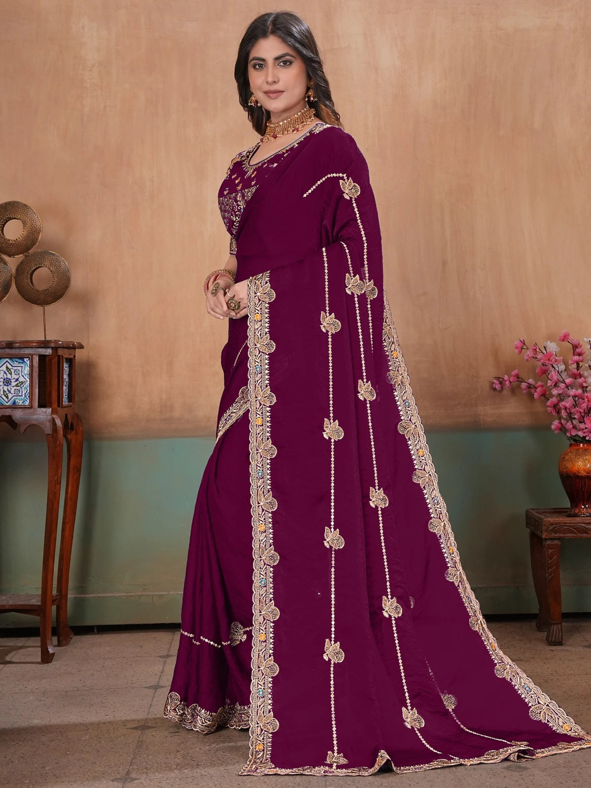 Tarani wine Soft Fandy Satin saree side profile with border