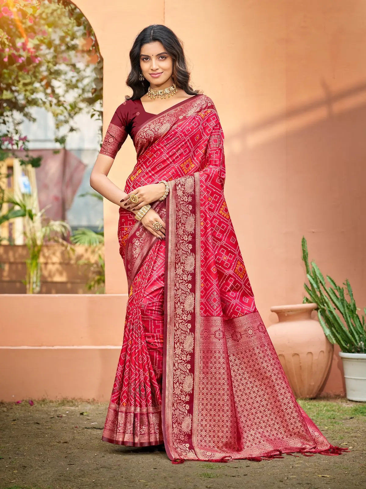 Tarani red soft silk saree with weaving work full view for wedding and festive wear
