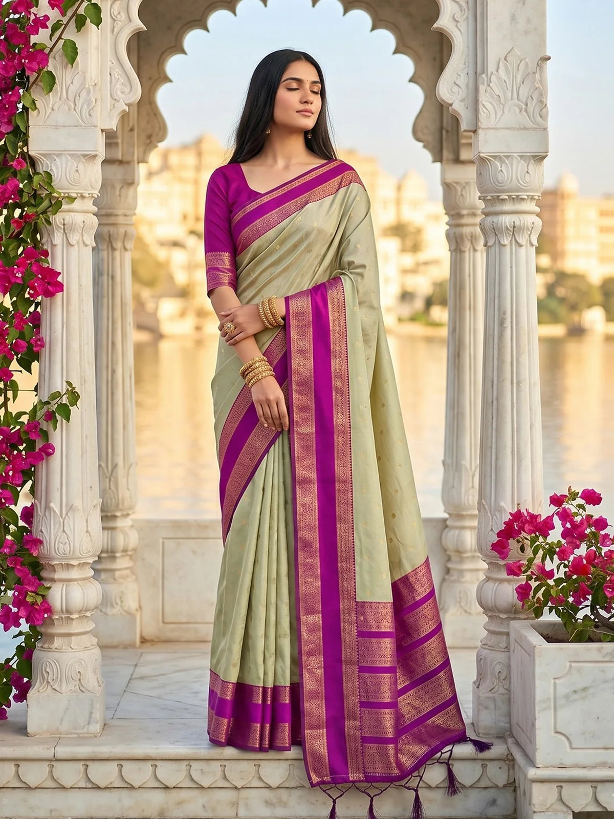 Tarani sage green soft silk saree with magenta zari border full front view for festive wear