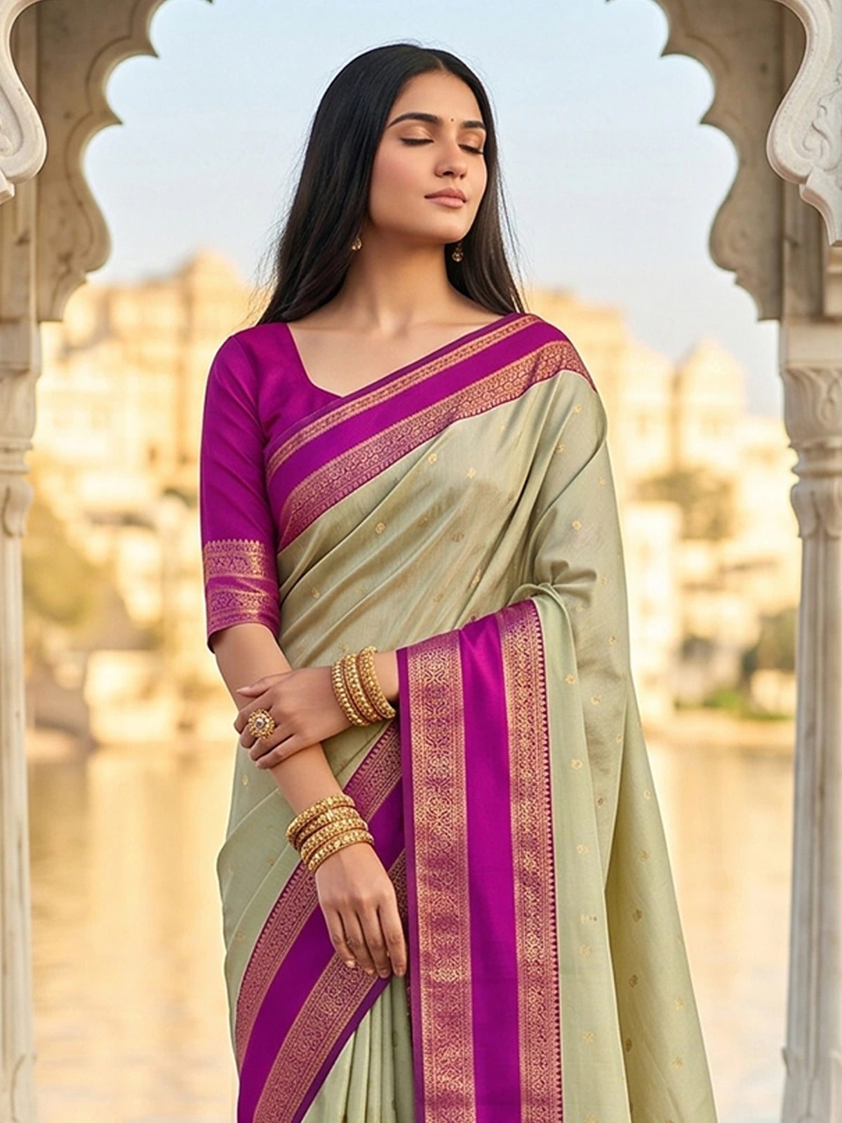 Tarani soft silk saree upper body view with zari woven magenta border and elegant blouse