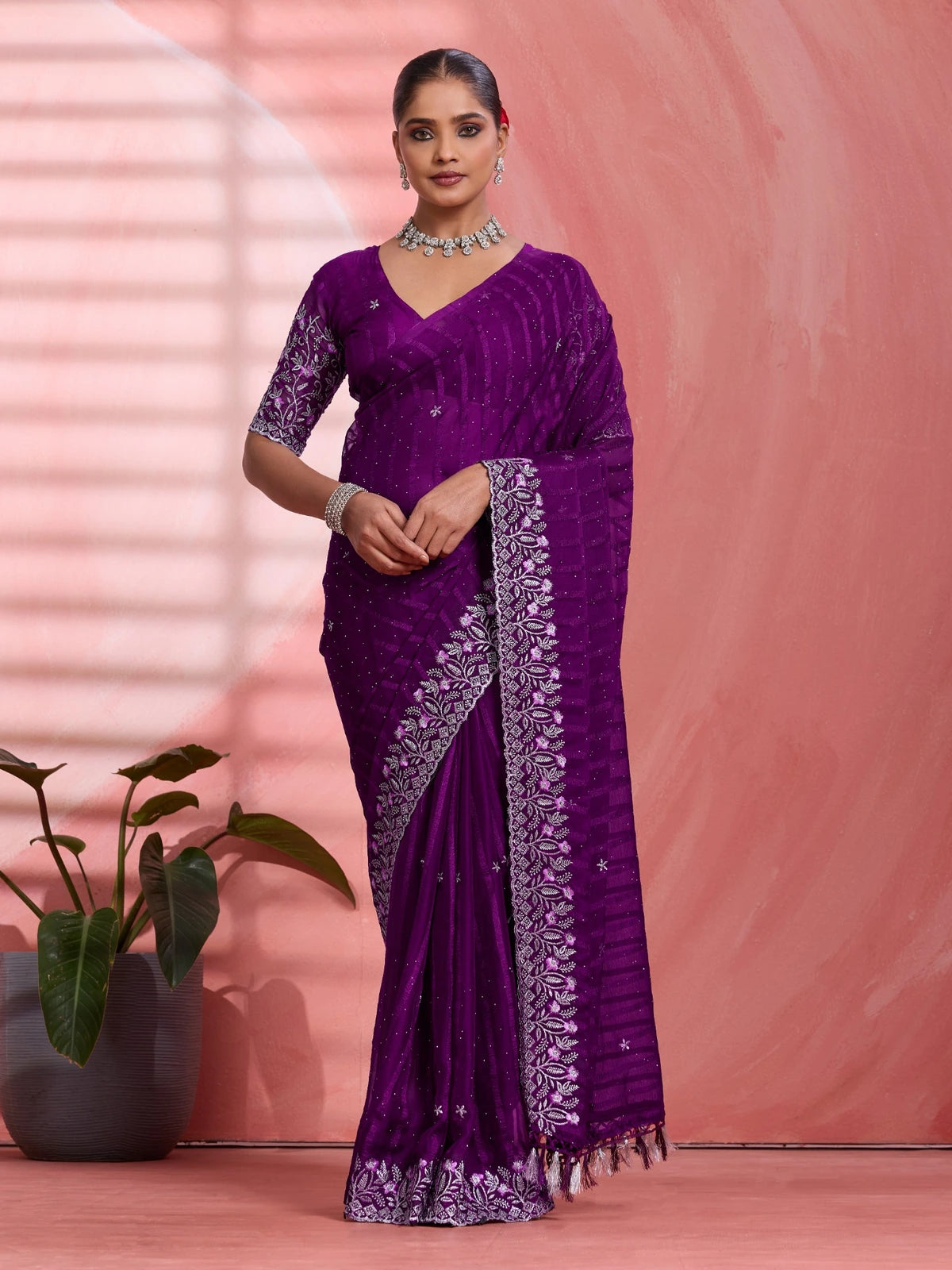 Tarani purple solo chiffon saree with multi panel work full view for festive wear