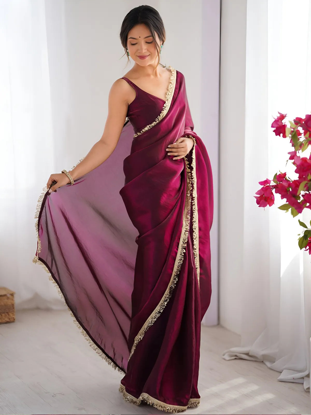 Tarani deep maroon space silk saree with golden zalar lace in full view