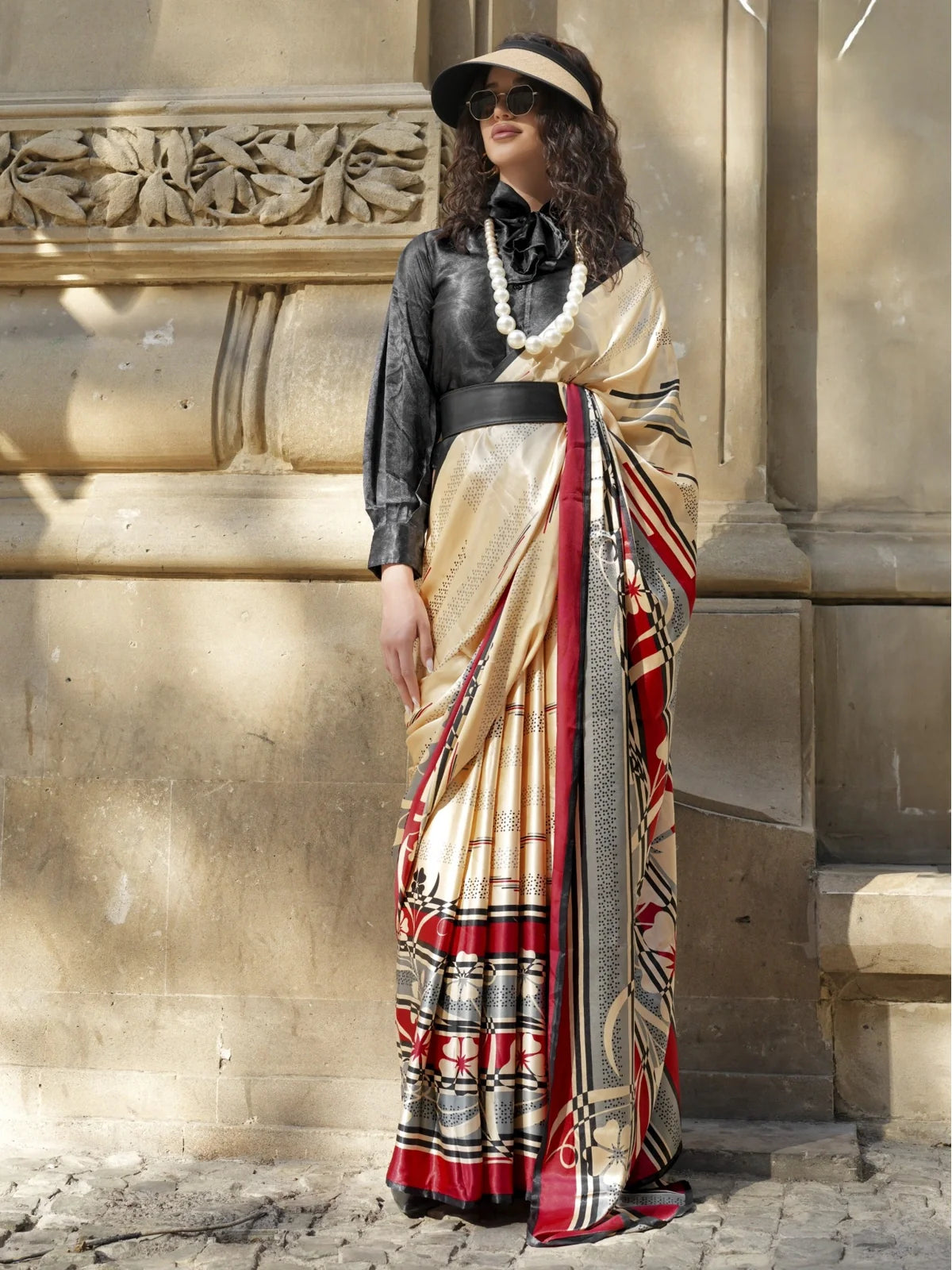 Tarani Spanish Satin saree in beige with modern Satya Paul design full view