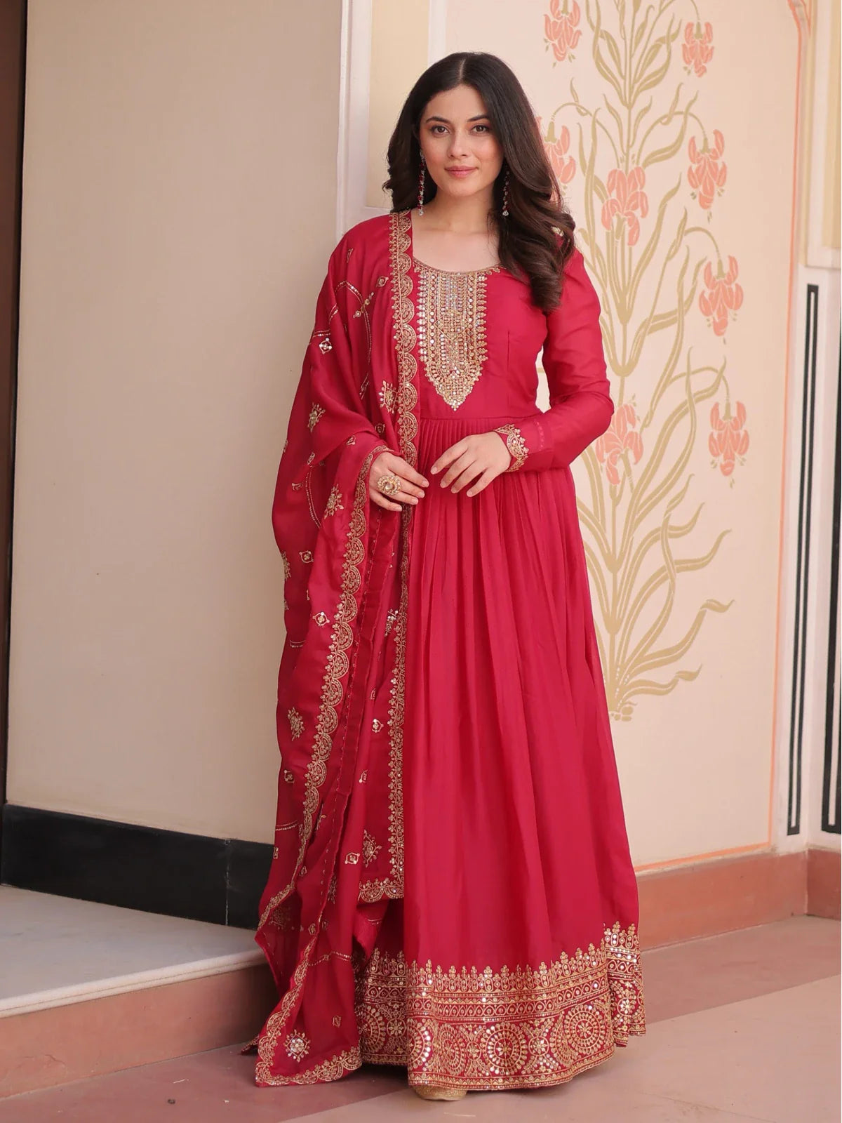 Tarani red star georgette gown full view with zari and sequins embroidery